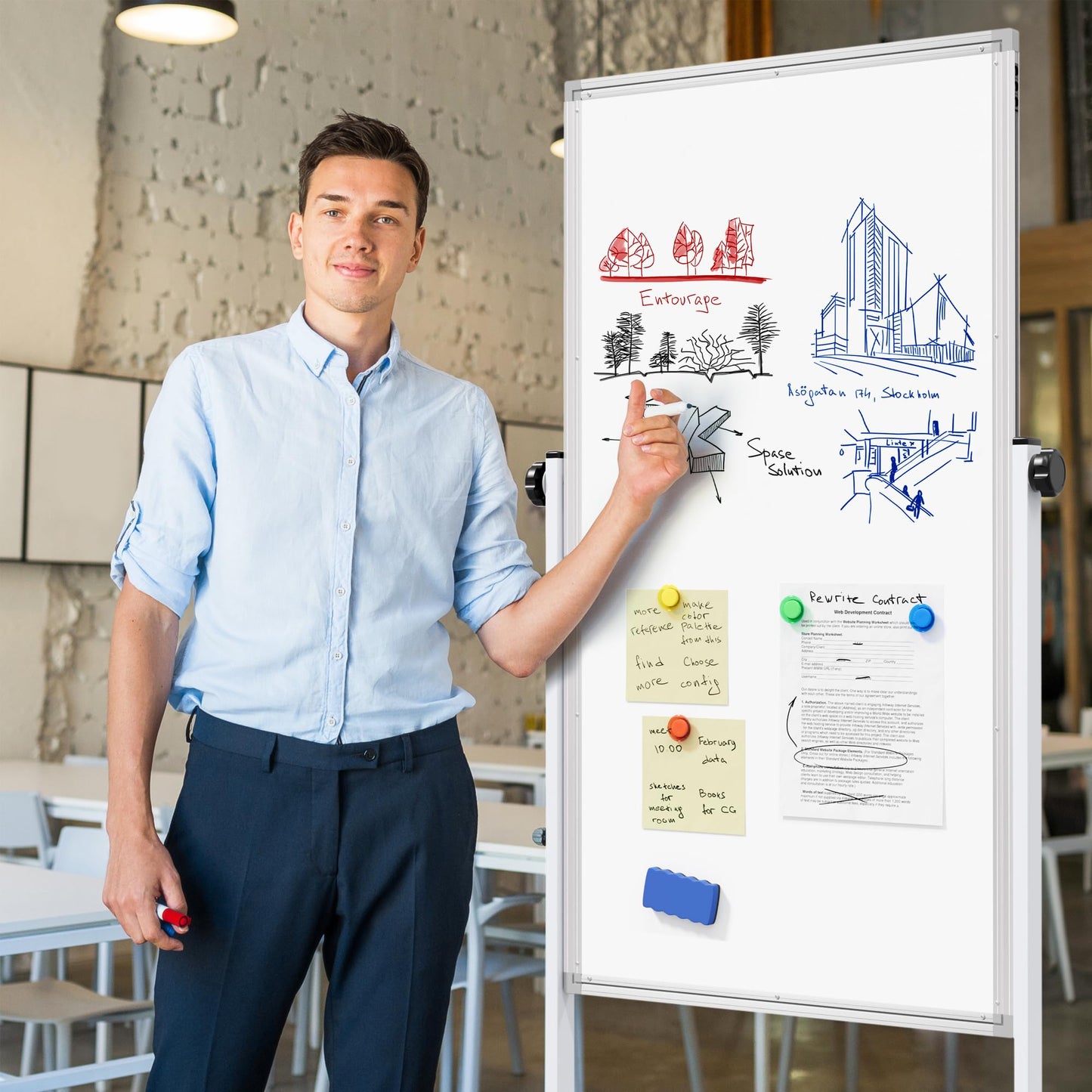 Large Rolling Whiteboard on Wheels, 48" x 24" Height Adjustable Mobile White Board with Stand, 4' x 2' Portable Standing Magnetic Dry Erase Board
