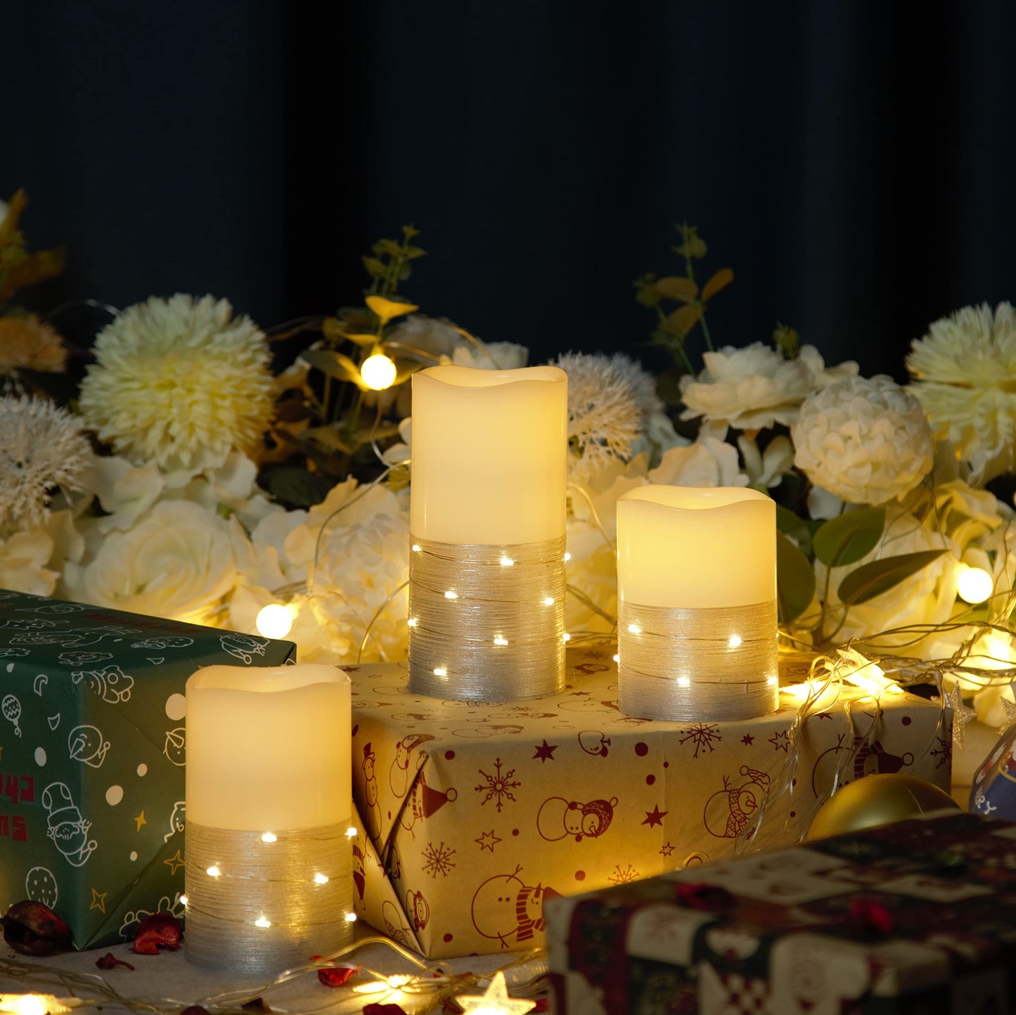 H-BLOSSOM Flickering Flameless Candles Ivory Real Wax Pillar with Embedded String Lights LED Candles Battery Operated with 10 Key Remote and Cycling