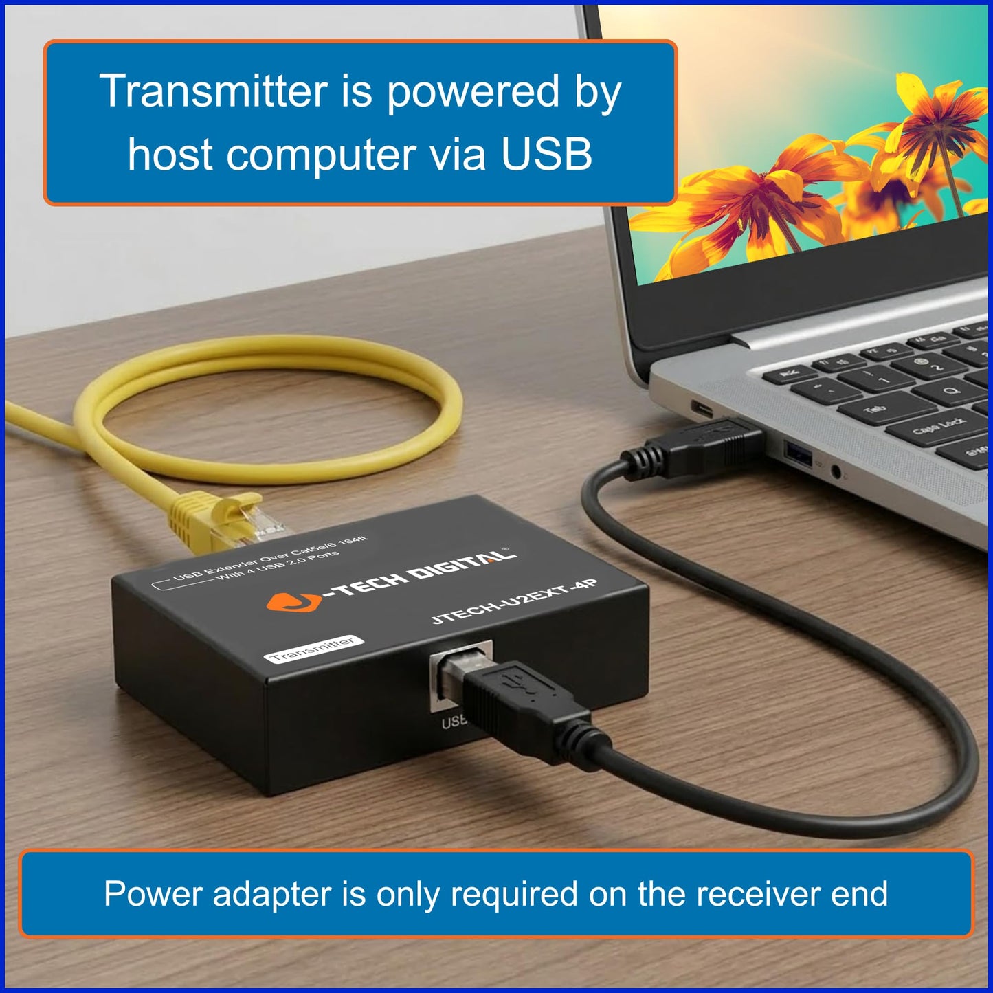 J-Tech Digital USB 2.0 Extender Over Single Cat5e/6 Ethernet 164ft, 4-Port USB 2.0 Hub for Webcam Keyboard Mouse Printer, Plug and Play for Windows
