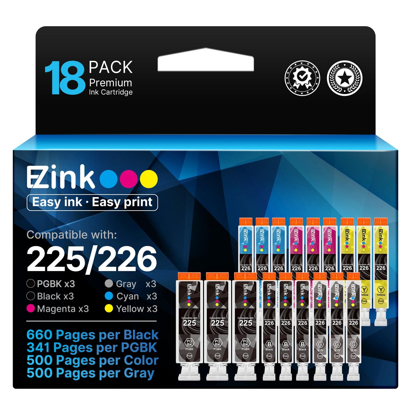 E-Z Ink Compatible Ink Cartridge Replacement for Canon PGI-225 CLI-226 to use with MG6220 MG6120 MG8220 MG8120 MG8120B (3 Gray, 3 Large Black, 3 Small