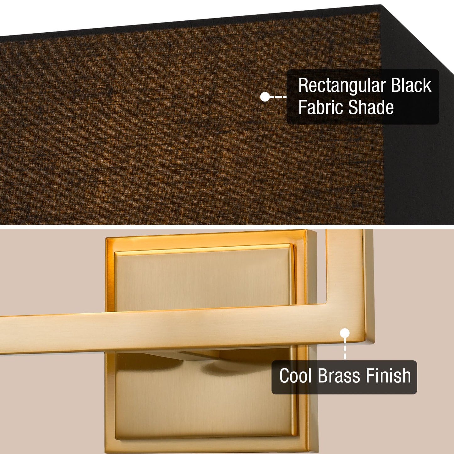 Kira Home Haven 16" 2-Light Modern Gold Wall Sconce with Black Fabric Shade, Mid Century Rectangular Gold Wall Light, Cool Brass Finish