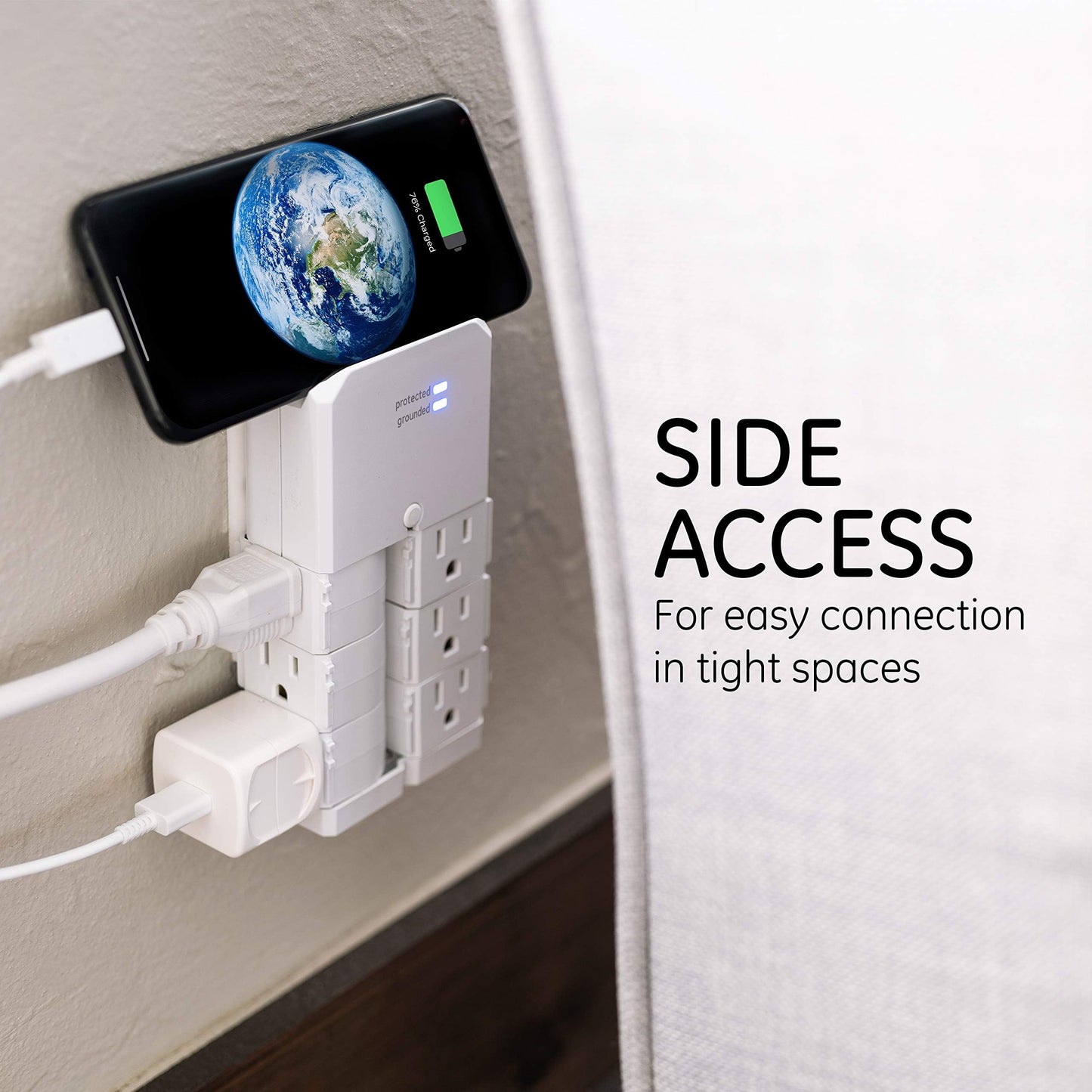 GE Pro 6-Outlet Surge Protector Tap with Swivel Outlets, White, 90 Degree Rotating Outlets, 1080 Joules, 37063