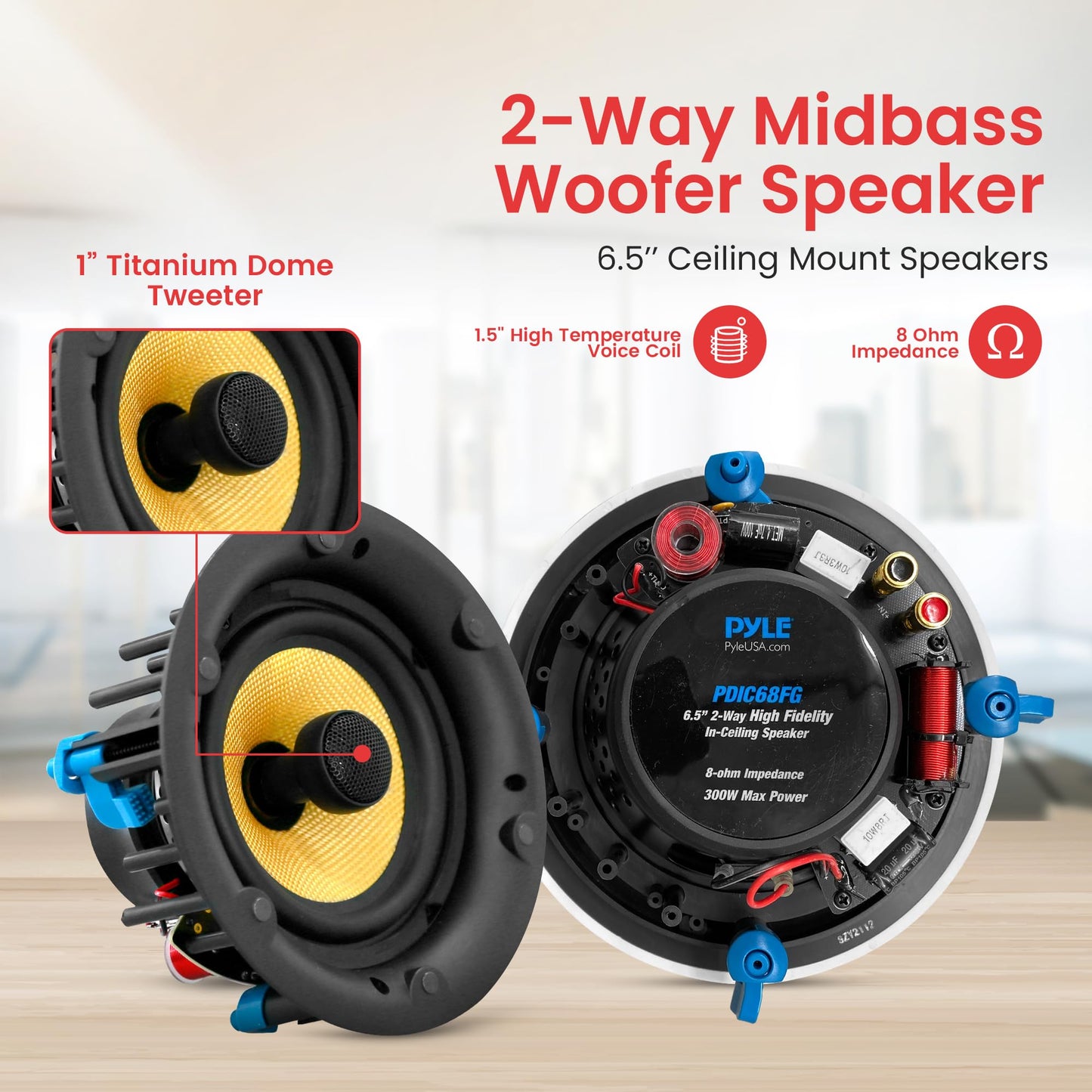 Pyle 6.5" in-Ceiling in-Wall Speakers Pair - 2-Way Hi-Fi Flush Mount Speaker Set w/Magnetic Grills, 300W Max, 8 Ohm, 70Hz-22kHz, 7.9" Cutout