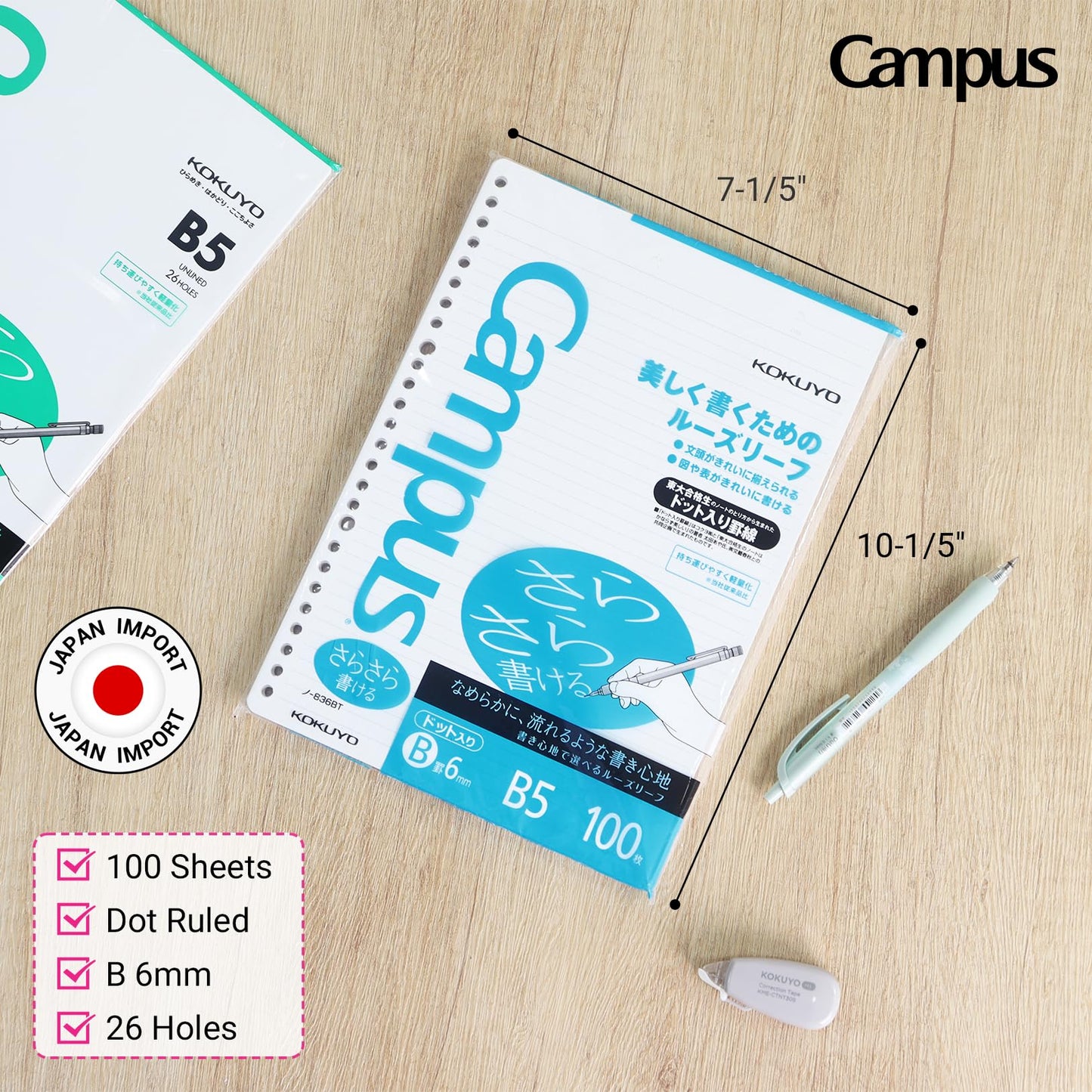 Kokuyo Campus Loose Leaf Paper for Binders, Sarasara Smooth Writing, B5, B 6mm Dotted Ruled, 26 Holes, 36 Lines, 100 Sheets, pH Neutral, Bleed