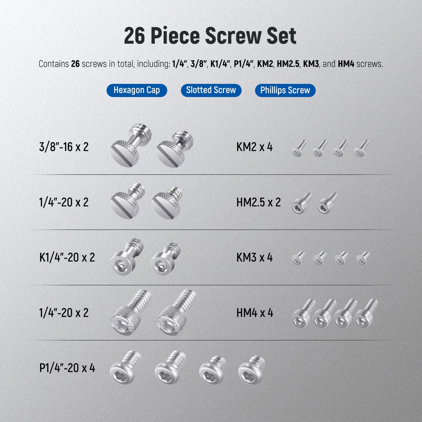 NEEWER 26PCS Camera Screw Set for Photography Equipment, Includes 1/4" 3/8" M2 M2.5 M3 and M4 Screws Compatible with SmallRig Camera Cage, Top Handle