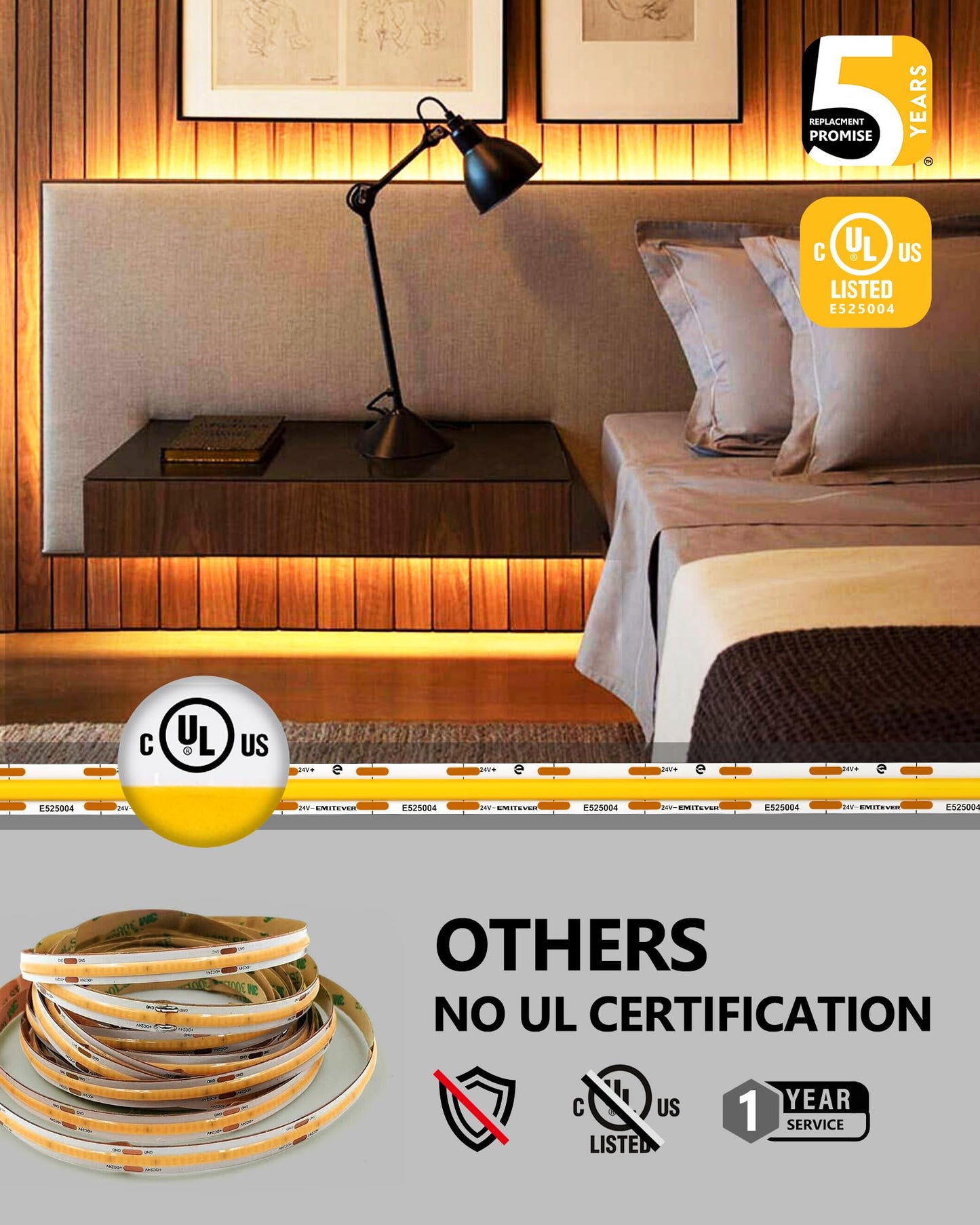 EMITEVER COB LED Strip Lights Warm White 32.8ft, 3000K 24V Dimmable Tape Light Premium High Density, 305LM+/ft, 4800LEDs, Ra 90+, 3W/FT, UL Listed