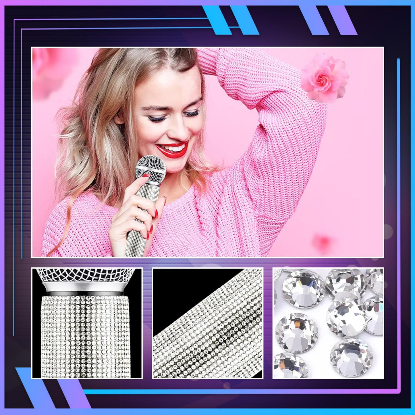 Silver Microphone Decorative Sleeve (Mic Not Included), Glitter Wireless Microphone Cover, Sparkling Bling Rhinestones Mic Handle Sleeve Protector for