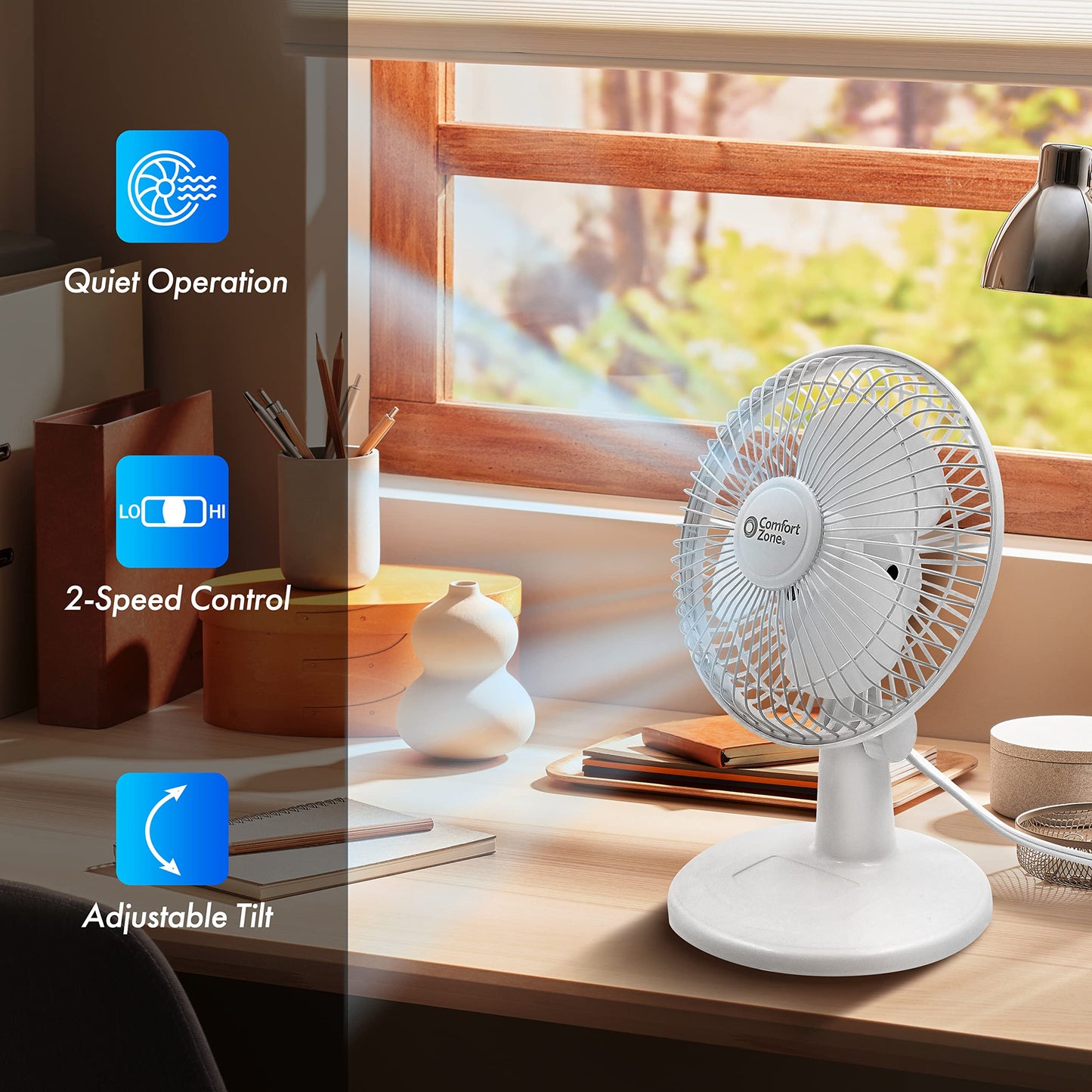 Comfort Zone CZ6D 6" Quiet Portable Indoor 2-Speed Desk Fan with Clip and Fully Adjustable Tilt in White