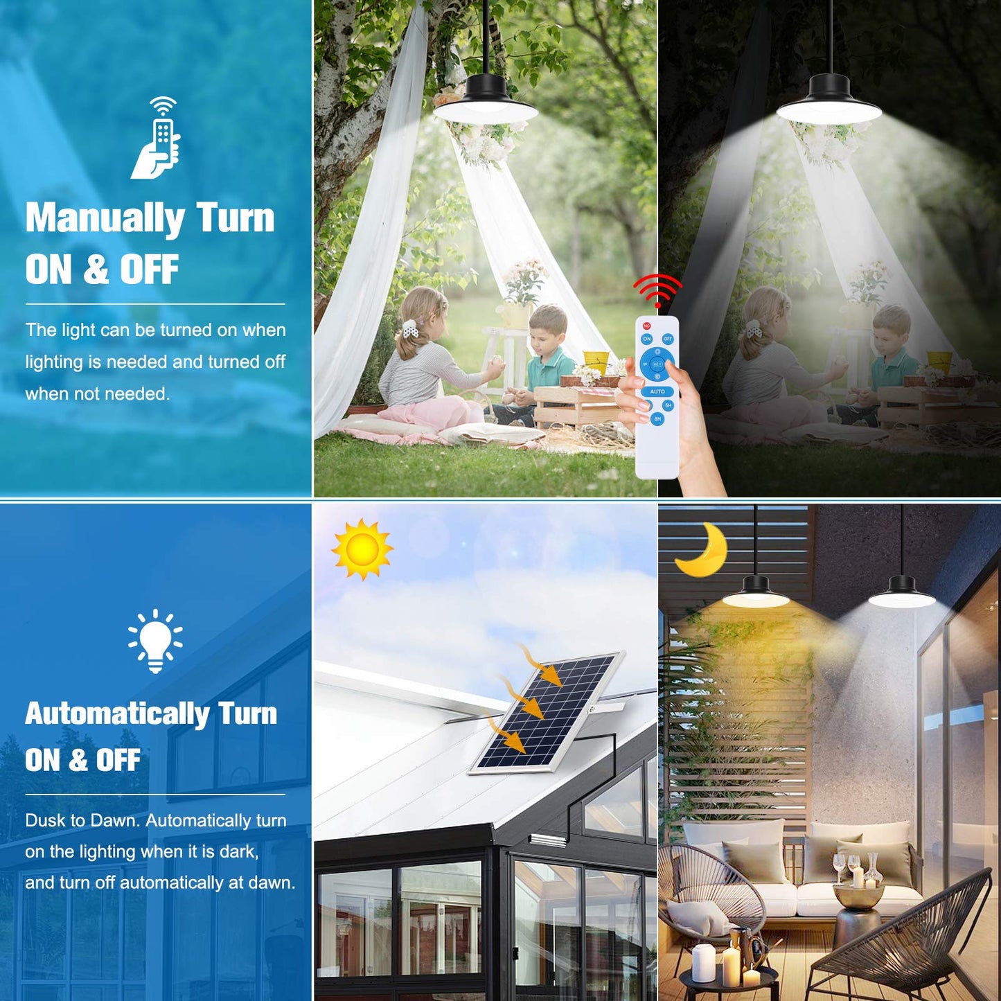 NIORSUN Solar Indoor Lights Outdoor, LED Solar Pendant Lights 3 Color Dimmable Lighting with Remote Control, Gazebo Lights,2x16.4ft Cable IP65