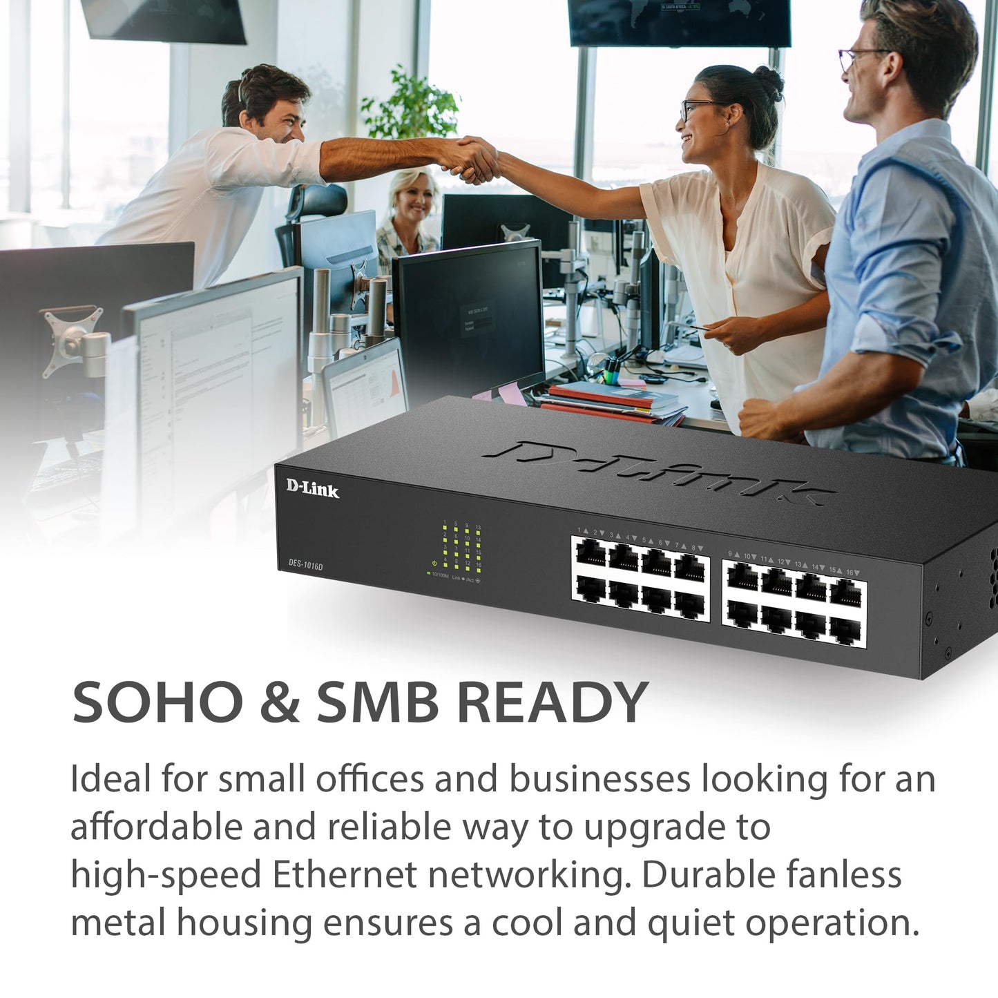 D-Link 16 Port Fast Ethernet Switch Unmanaged 10/100 Mbps Desktop Rackmount Plug and Play Metal Housing Fanless Design EEE (DES-1016D)