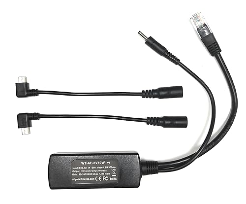 PoE Texas 802.3af Power Over Ethernet PoE Splitter + MicroUSB Connectors, 5 Volts 10 Watts Output & Gigabit Data - for 5V Power to Tablets, Dropcam