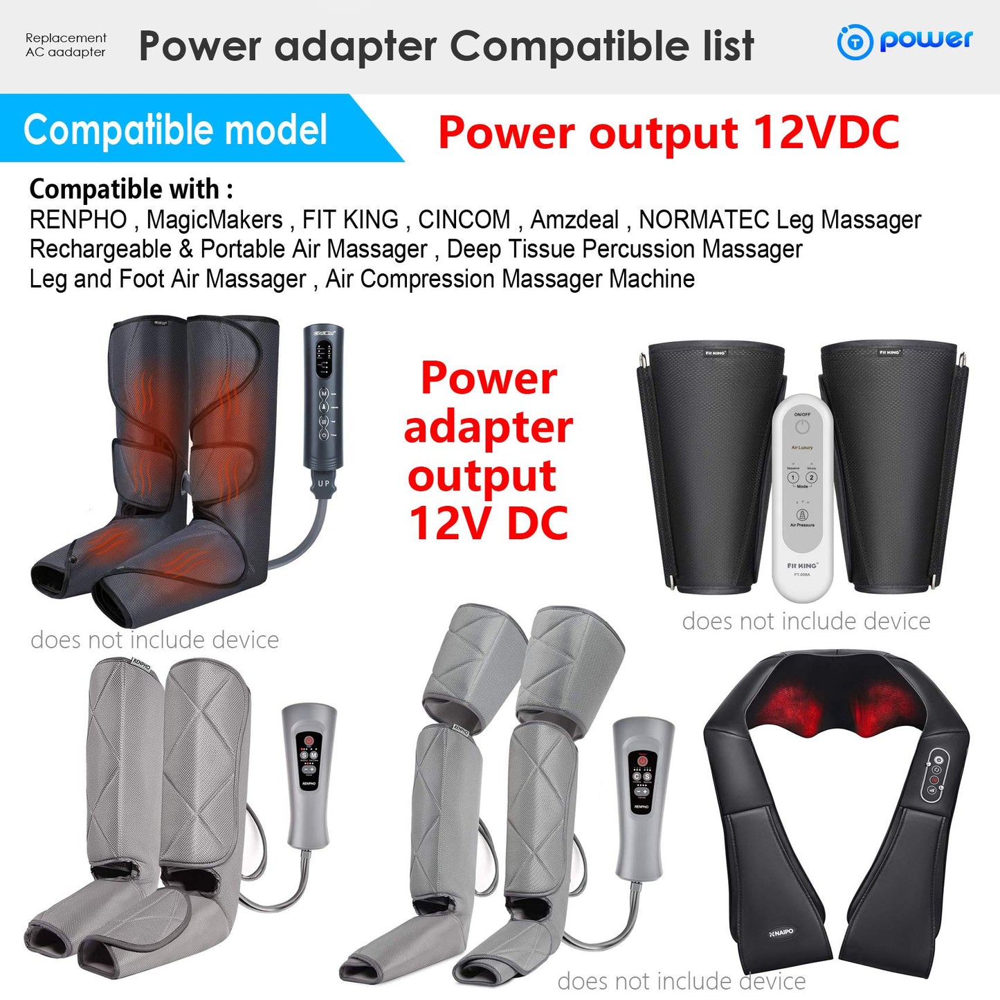 T POWER Ac Dc Adapter for RENPHO, Breo, MagicMakers, FIT KING, CINCOM, Amzdeal, NORMATEC, Nekteck, Snailax, Medcursor, Etekcity, MOUNTRAX Leg Nick…