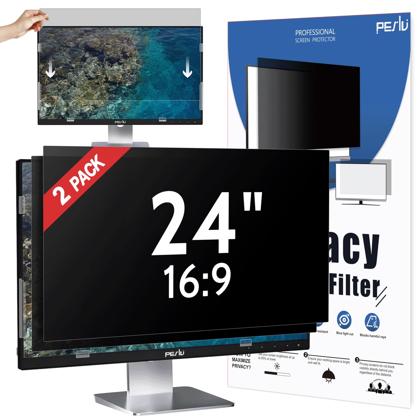 Peslv [2-Pack] 24 Inch Privacy Screen for Computer Monitor 16:9 Aspect Ratio, Eye Protection Anti Blue Light Glare Shield, 24inch Removable Black