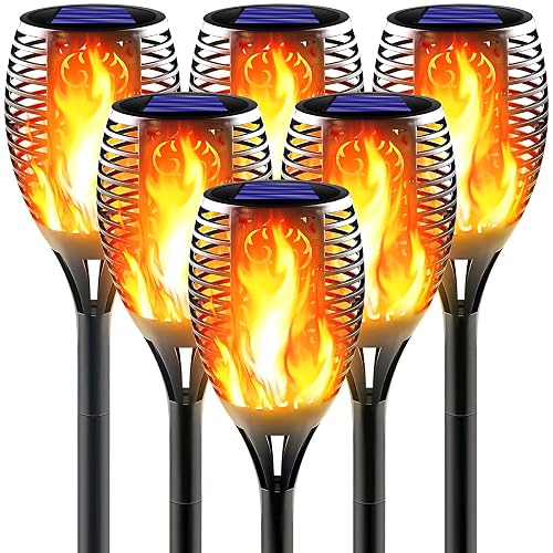 Awethone Large Solar Torch Light with Flickering Flame, 6 Pack Upgraded Outdoor Decorative Solar Tiki Torches - Super Bright LED Landscape Lighting