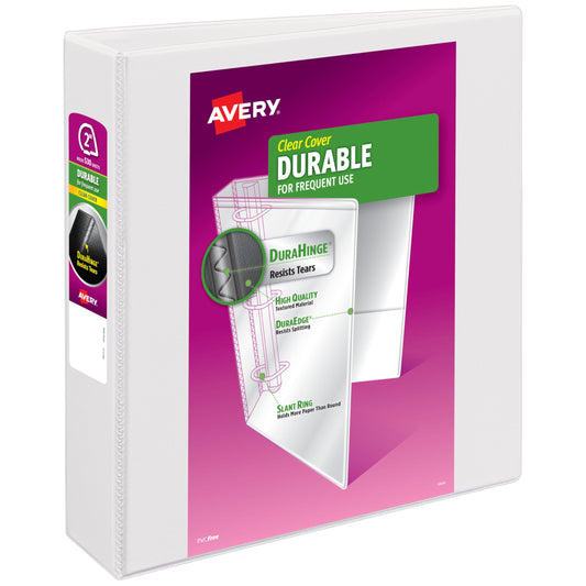 Avery® Durable View 3 Ring Binder, 2" Slant Ring, 530 Sheet Capacity, Customizable Clear Cover, 2.8" Wide Spine, Holds 8.5" x 11" Paper, 1 Pack White