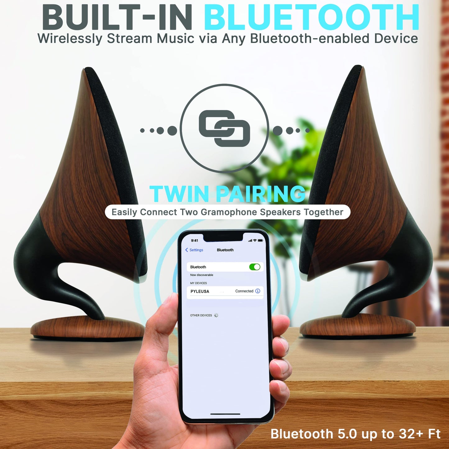 Pyle Bluetooth Gramophone Speaker - Vintage Style Portable Wireless Speaker with Built-in Subwoofer, Twin Pairing, Hands-Free Calling & Touch Control