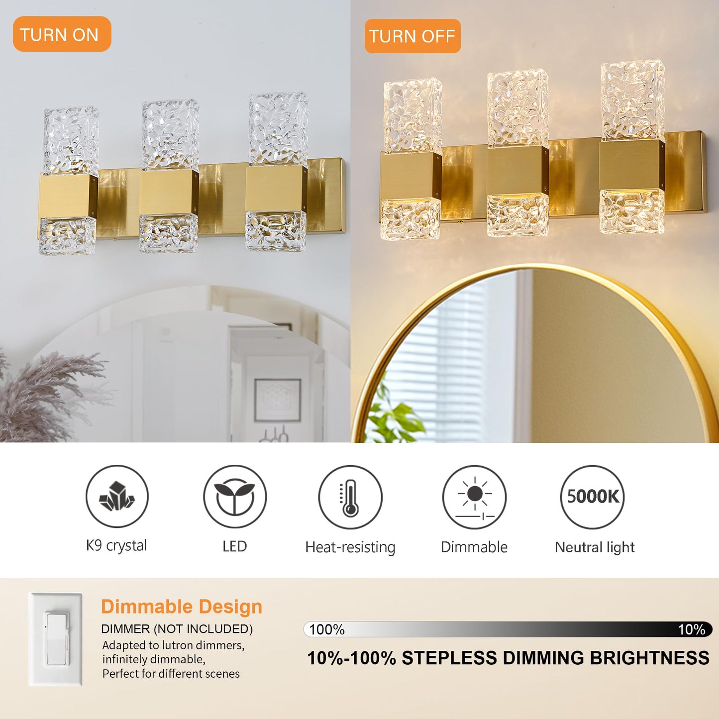 OYLYW Gold Bathroom Vanity Lights Fixtures Over Mirror LED Crystal Modern 3 Light Brushed Stainless Steel Wall Mount Light for Bathroom Lighting