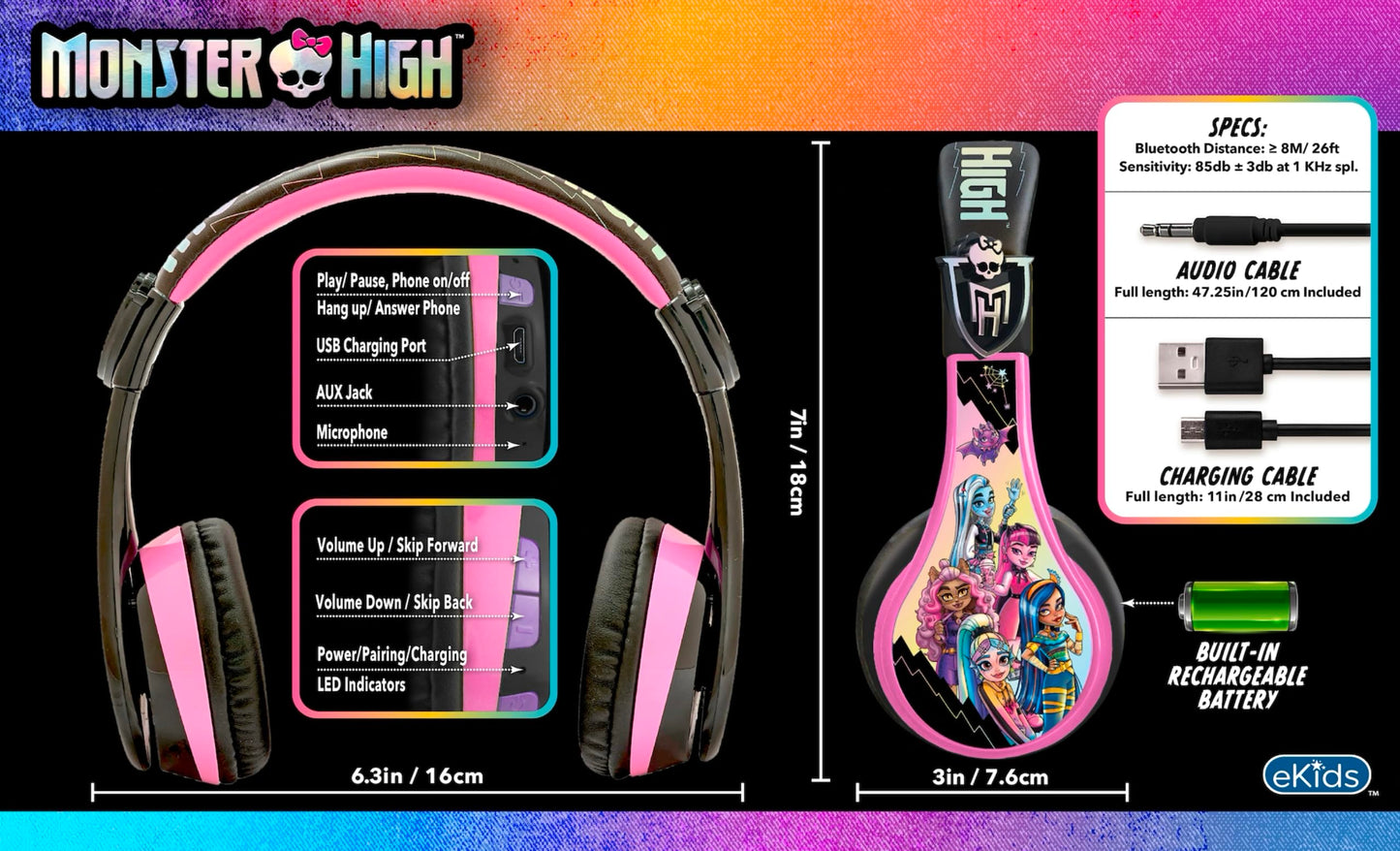 eKids Monster High Wireless Headphones with Microphone, Includes Aux Cord, Volume Reduced, Foldable for School, Home, or Travel