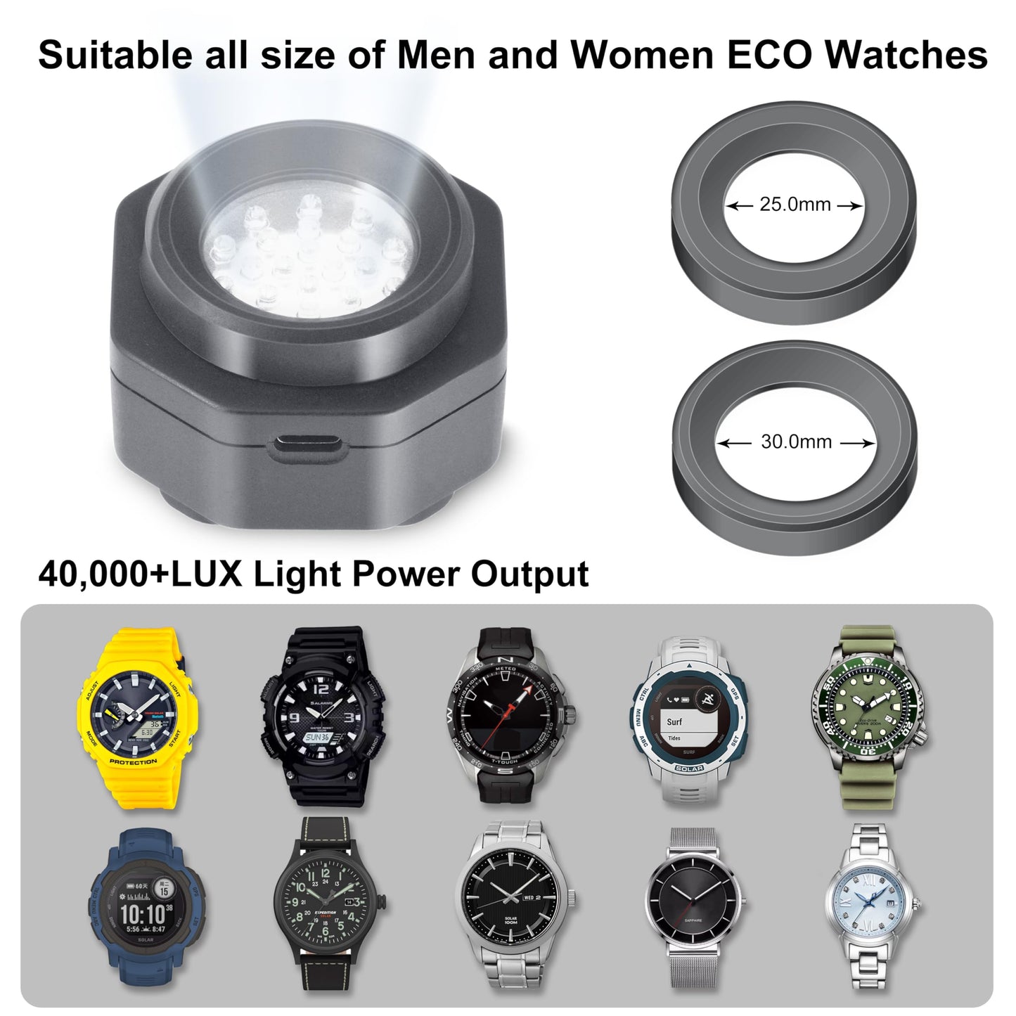 CoolFire (The Original) - USB-C UV Free Solar Watch Fast Charger for All Eco Solar Watches. Safe 24/7 Charging (No 8H Timer Needed). Reloj Hombre