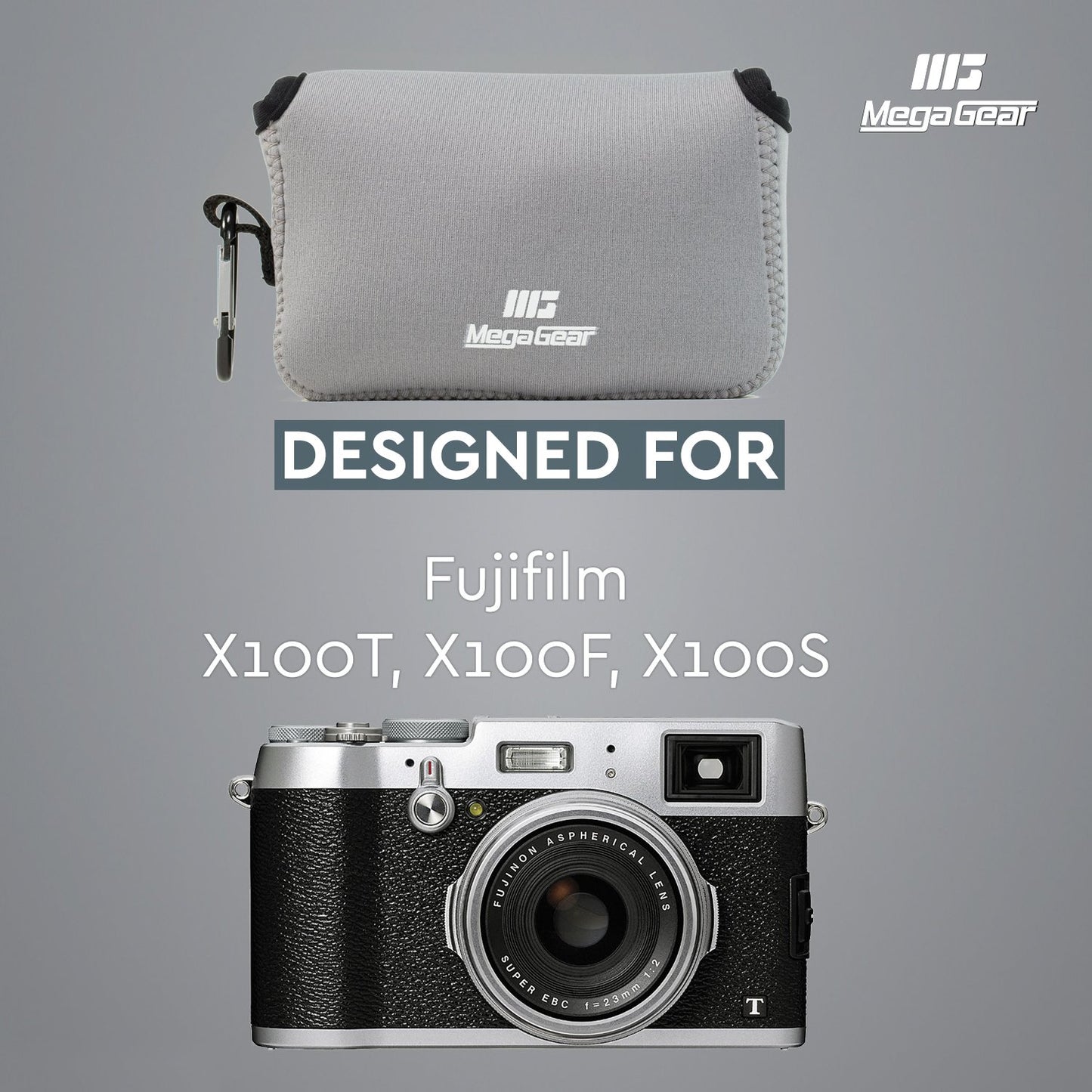 MegaGear Fujifilm X100F, X100T, X100S Ultra Light Neoprene Camera Case, with Carabiner - Gray - MG1095