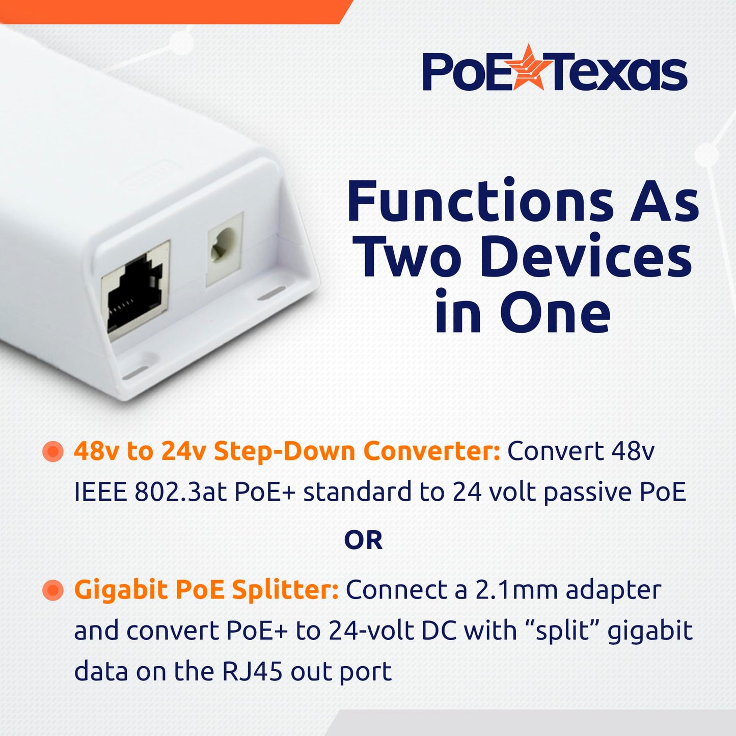 PoE Texas 48v to 24v PoE Converter - Inline PoE Splitter with 24 Volt 25 Watt PoE or DC - Converts IEEE 802.3at PoE+ to 24V Passive PoE or 24V DC…
