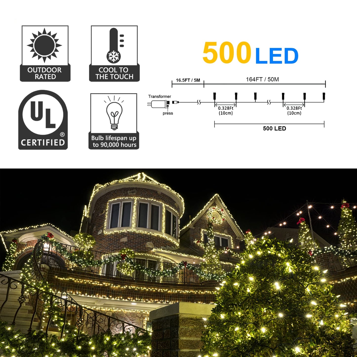 weillsnow 164Ft 500 LED Christmas Lights, Waterproof 8 Twinkle with Memory Functions Christmas Tree Lights for Indoor Outdoor Christmas Tree Garden