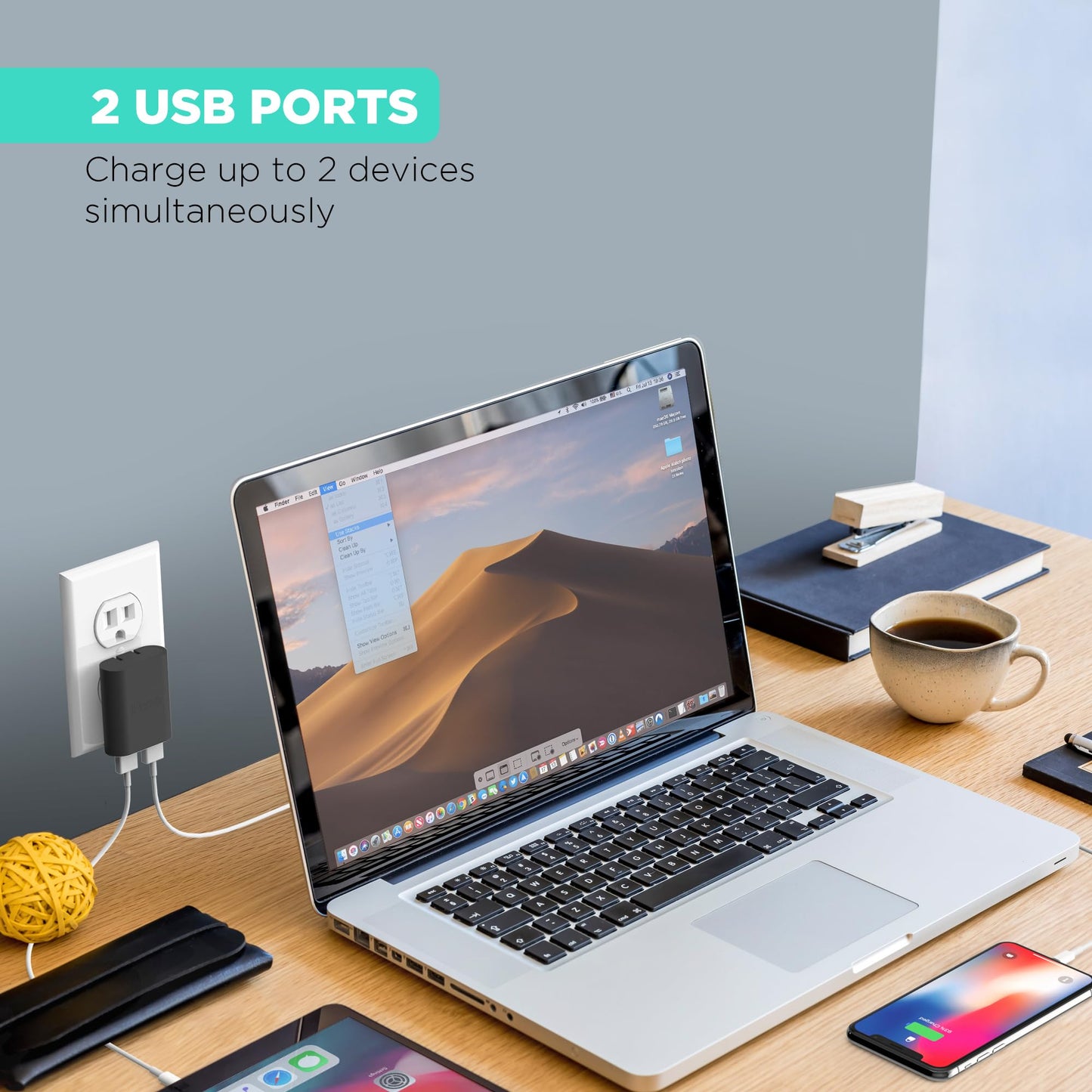 iHome Slim 2-Port USB Wall Charger, Flat Multiport Travel Plug Adapter