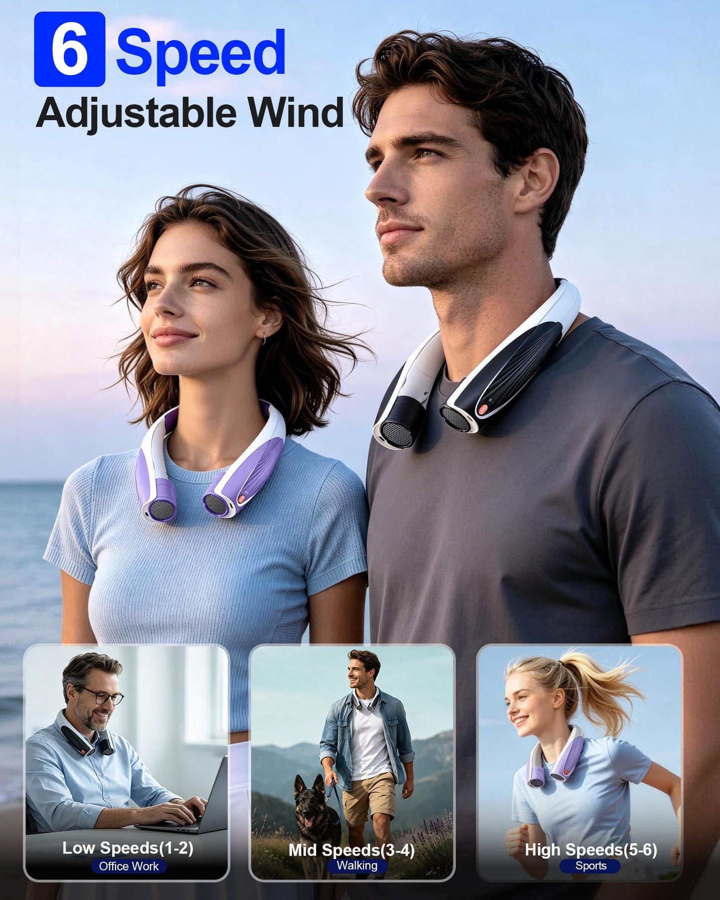 GENVU Portable Neck Fan, Max 20H, Rechargeable Personal Fan with 6000mAh Battery, 360° Cooling, 6 Speeds Hands-Free Wearable Fan, Gifts for Men