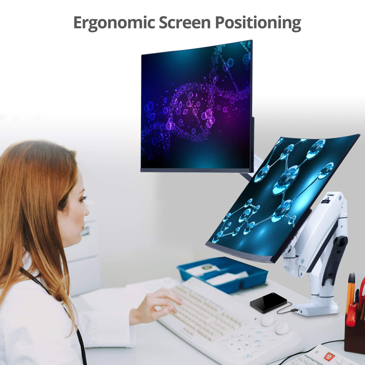 SIIG Dual Monitor Desk Mount, 17" to 35", USB 3.0 and Audio Extend Ports, Fits Two Flat/Curved Monitors, Load Bearing 33 lbs max Each, VESA 75x75