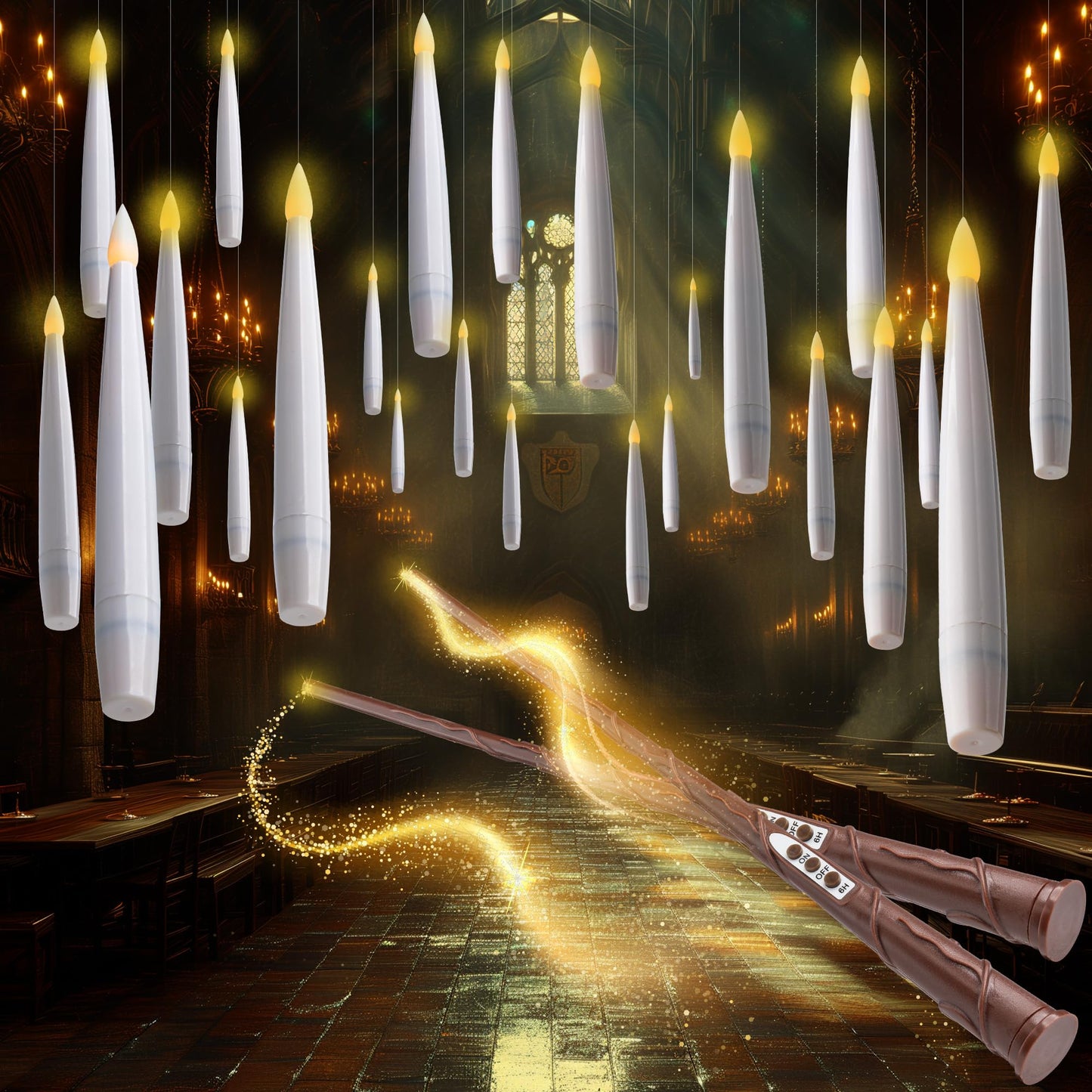 WYZworks 24pk Magical Floating LED Candle with 2 Wand Remote (6/18H Timer), 6.1" Hanging Flameless Flickering Taper Candles Battery Operated