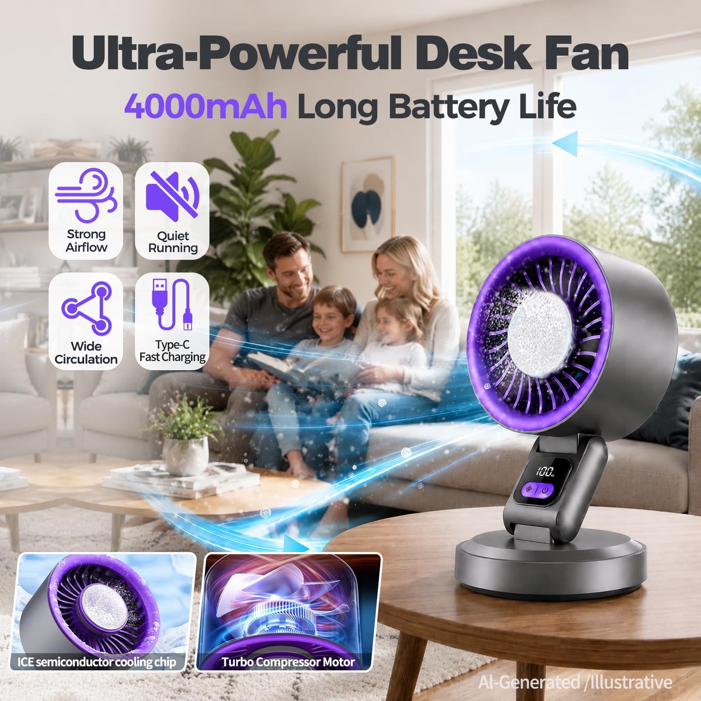 SMINWISNOZY Digital Display Desk Fan, Semiconductor Cooling, Ultra-Quiet Turbo Airflow, 4000mAh Long Battery Life, USB-C Fast Charging, Portable Fan