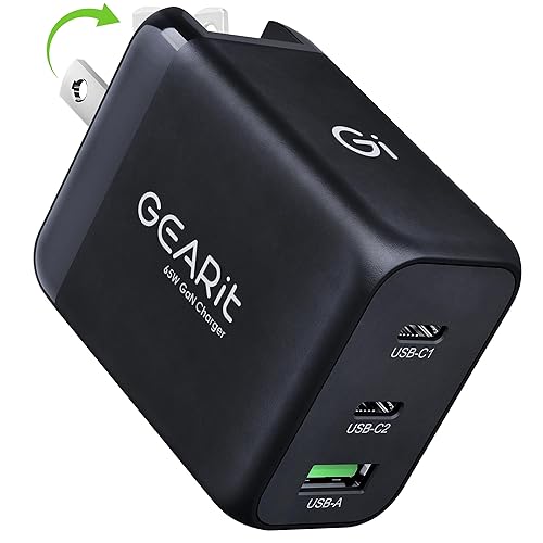 GEARit USB C Charger Block, 65W 3-Port Fast Charging Adapter, Compact Foldable PD Charger, Compatible with MacBook Pro/Air, iPad, iPhone 17/16/15/14