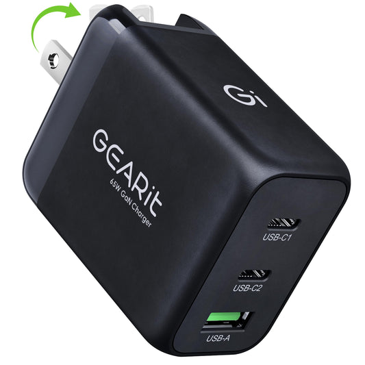 GEARit USB C Charger Block, 65W 3-Port Fast Charging Adapter, Compact Foldable PD Charger, Compatible with MacBook Pro/Air, iPad, iPhone 17/16/15/14
