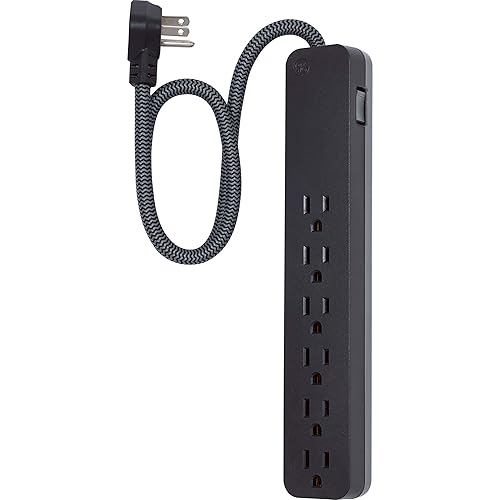 GE UltraPro 6 Outlet Surge Protector, 2 Ft Designer Braided Extension Cord, Flat Plug, Long Power Cord, Wall Mount, Black, 44070