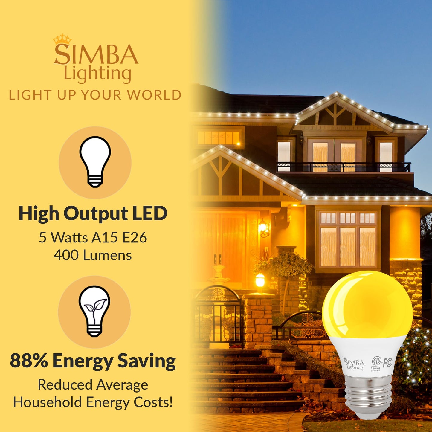 Simba Lighting LED Bug Non-Attracting A15 Yellow Bulb ETL Listed 5W, 4 Pack