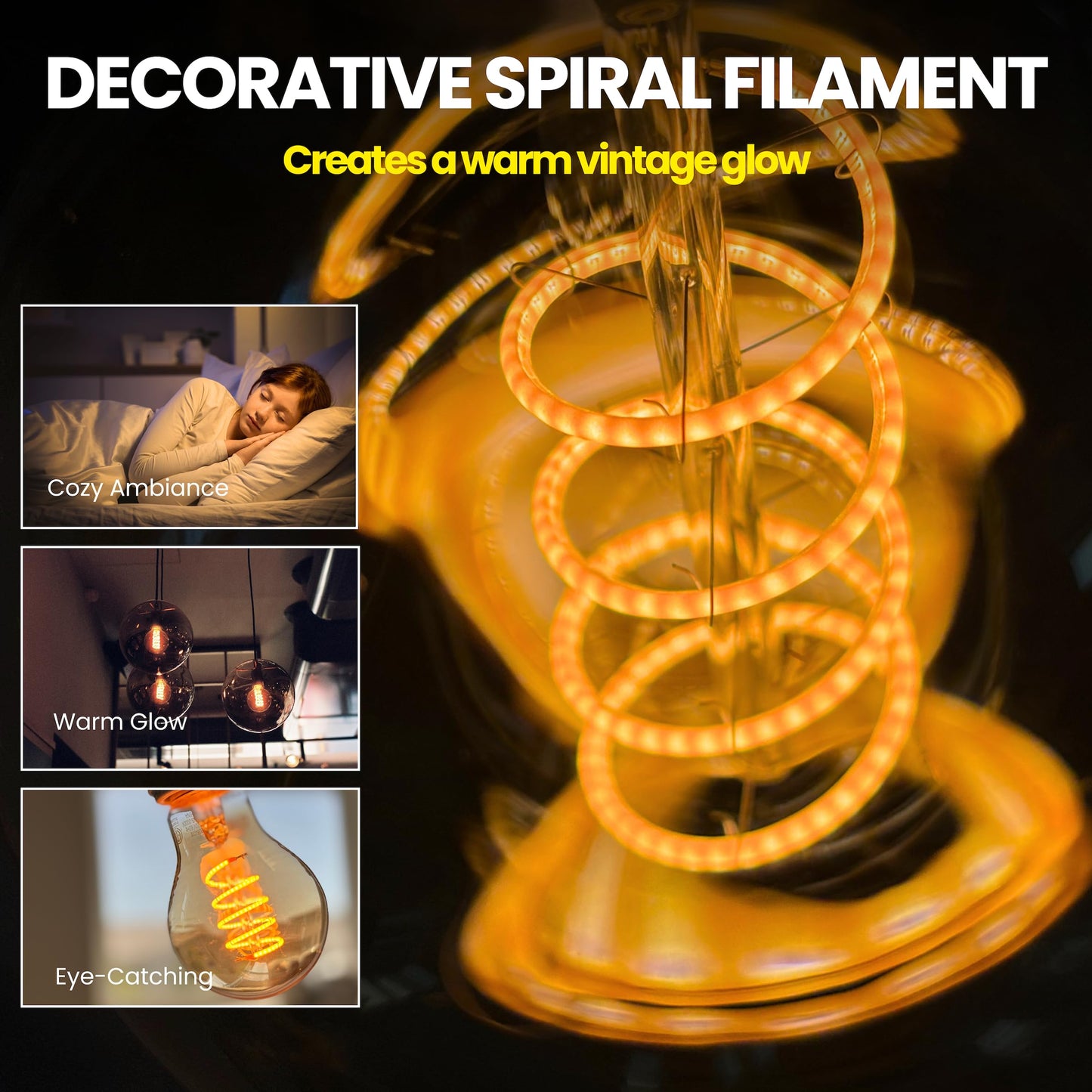 LafoHome TimelessGlow 4 Pack Dimmable A19 LED Filament Bulb 5W 40W Equivalent Warm Amber 2000K E26 Base CRI80 Amber Glass Spiral Filament ETL FCC