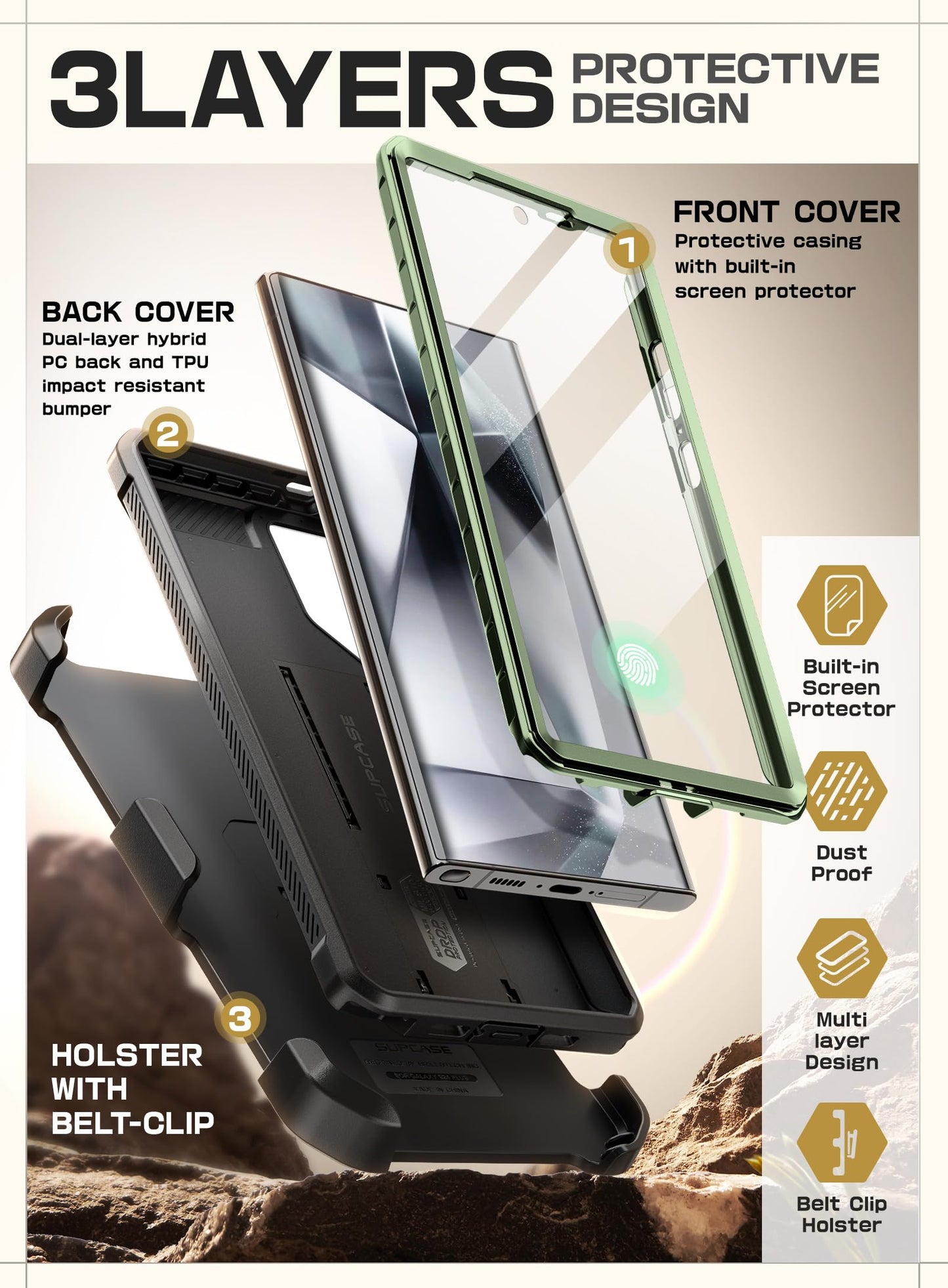 SUPCASE for Samsung Galaxy S24 Ultra Case with Stand, [Unicorn Beetle Pro] [2 Front Frames] [Built-in Screen Protector & Belt-Clip] Military-Grade