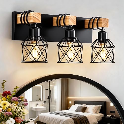 3-Light Farmhouse Bathroom Vanity Light Fixture Over Mirror, Rustic Wood & Black Metal Cage Bathroom Wall Light, E26 Vanity Lighting for Bathroom