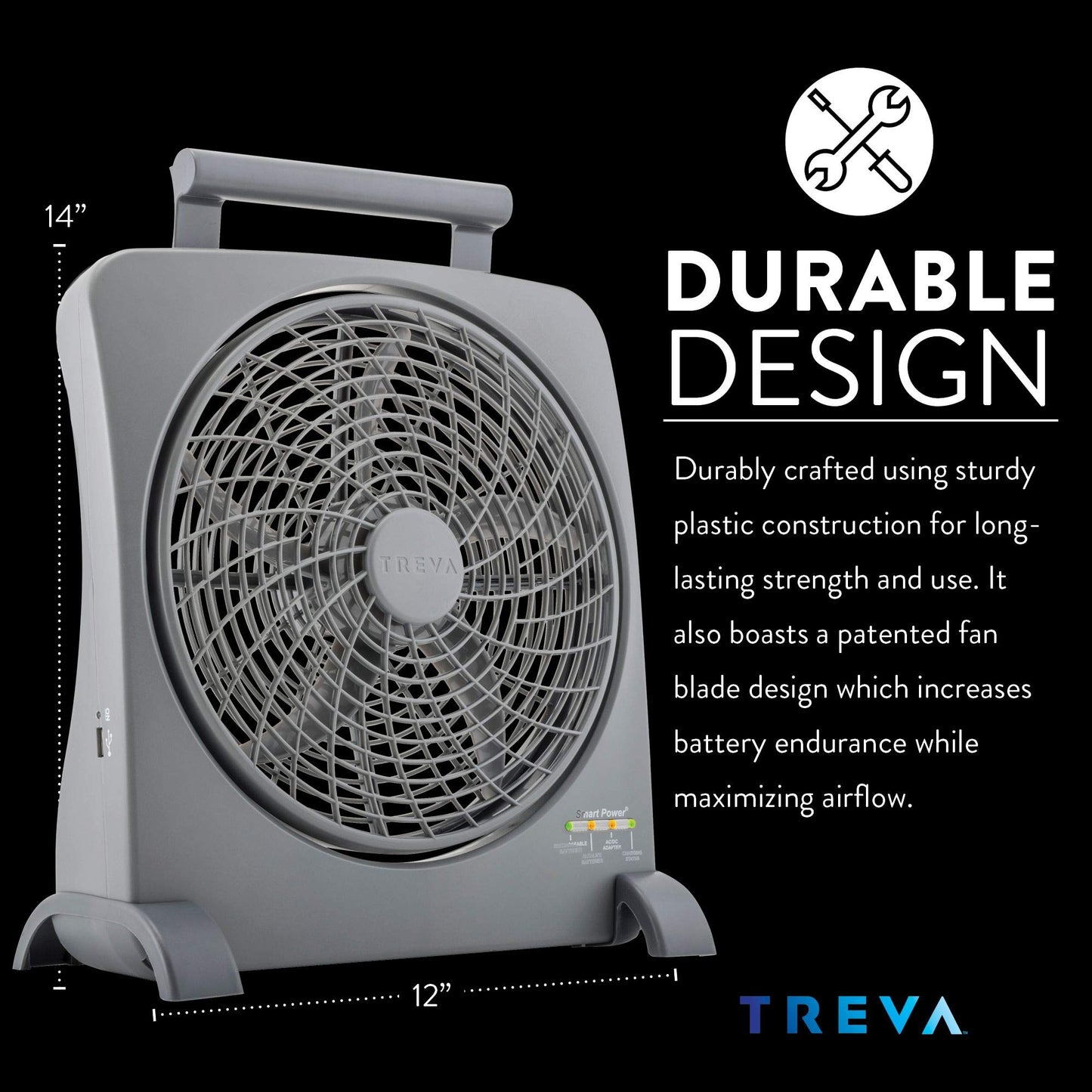 Treva 10 in Rechargeable Portable Fan Smart Power AC Battery USB Port