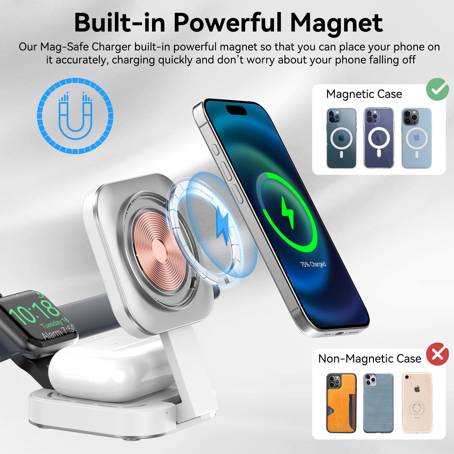 3 in 1 Mini Foldable Charging Station for Apple Devices, Wireless Charger Stand for Magsafe for iPhone 17/Air/16/15/14/13/12 Series, Apple Watch