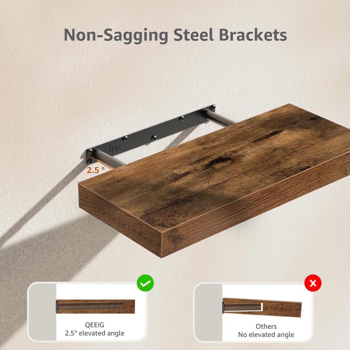 QEEIG Floating Wall Shelves – 16" Rustic Brown Set of 3 for Bathroom, Bedroom, Kitchen, Living Room & Farmhouse Decor