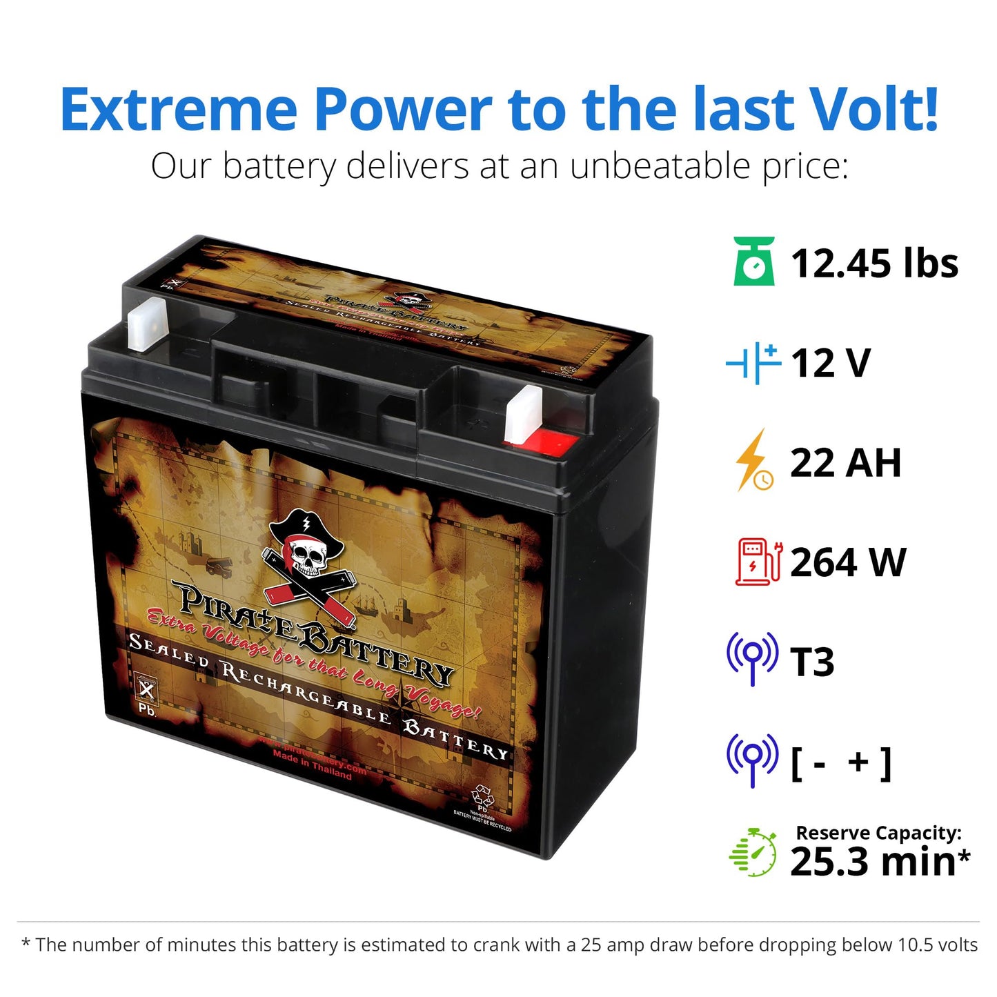 Pirate Battery 12 V 22 Ah AGM Sealed Lead‑Acid Battery - T3 Nut & Bolt Terminals - Maintenance‑Free Backup Power for Alarm Systems, Scooters, Toys…