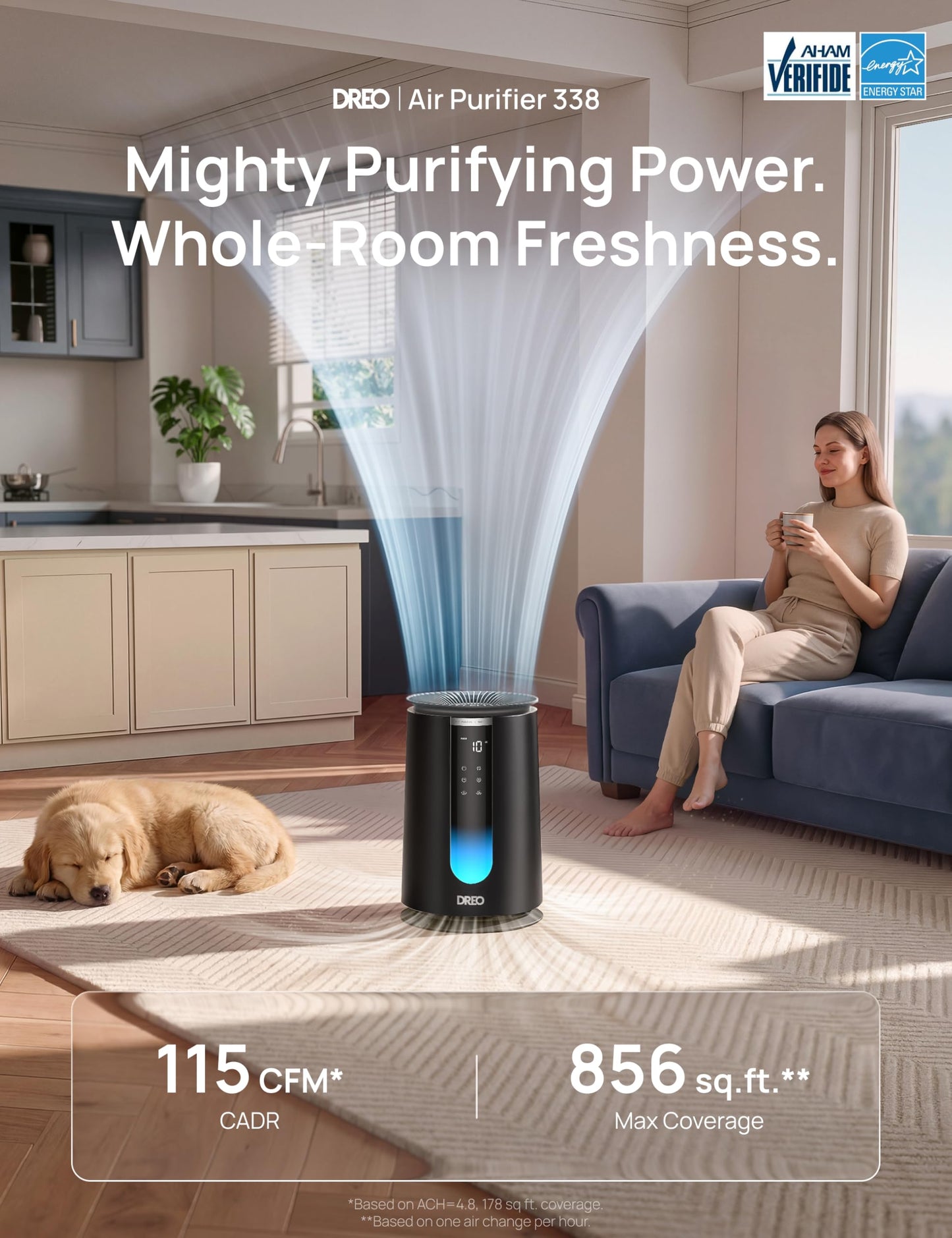DREO Air Purifier 338 for Home, AHAM Verified HEPA Air Cleaner for Bedrooms Up to 1176 Sq Ft, Smart Cleaner for Pets, Smoke & Odors, PM2.5 Monitor