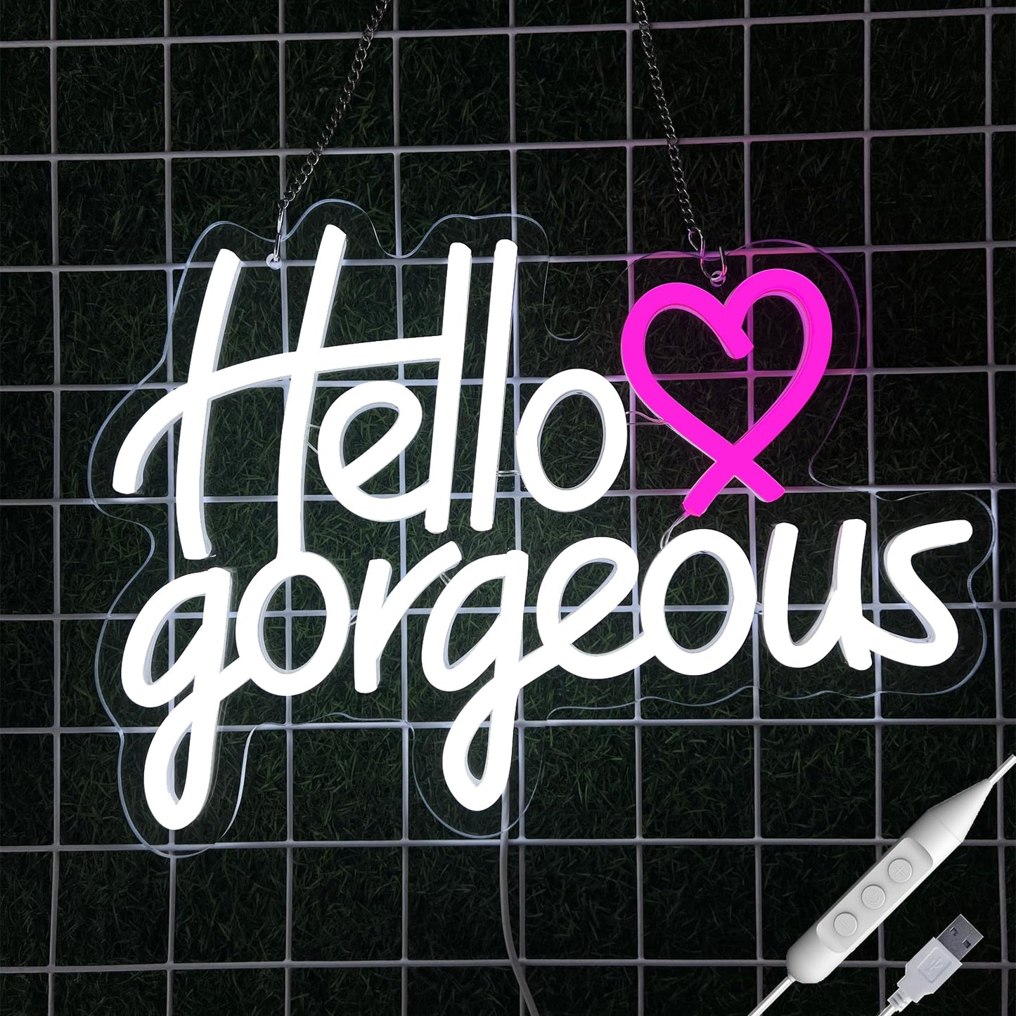 Hello Gorgeous Neon Sign - Neon Light for Bedroom, Bar, Wedding Decor, 5V USB Powered, Dimmable LED Wall Art, Gift(15x10.8inch)