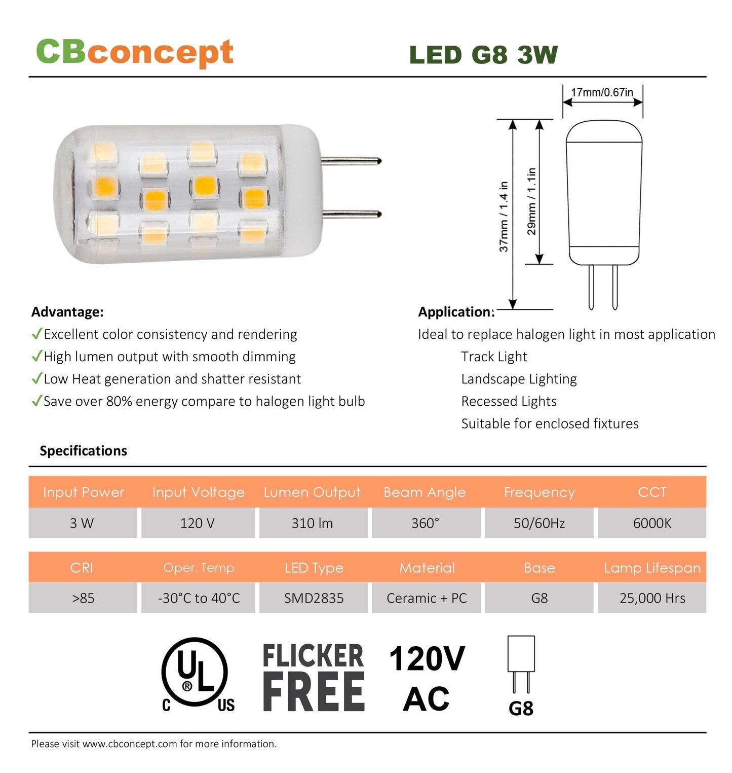 CBconcept UL Listed, G8 LED Light Bulb (Standard 37mm Length), 5 Pack, 3 Watt, 310 Lumen, Not Dimmable, Pure White 6000K, 360 degree Beam Angle, 35W