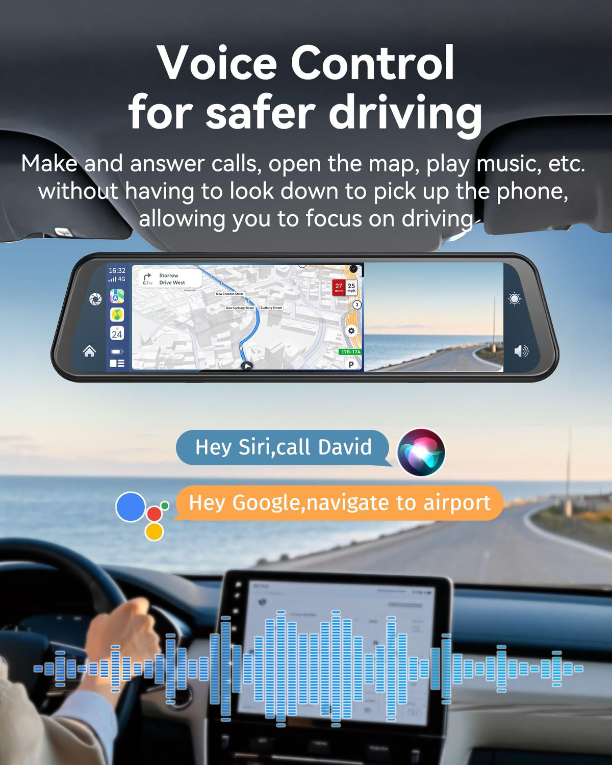 4K Rear View Mirror Camera with Carplay&Android Auto 12" Mirror Dash Cam