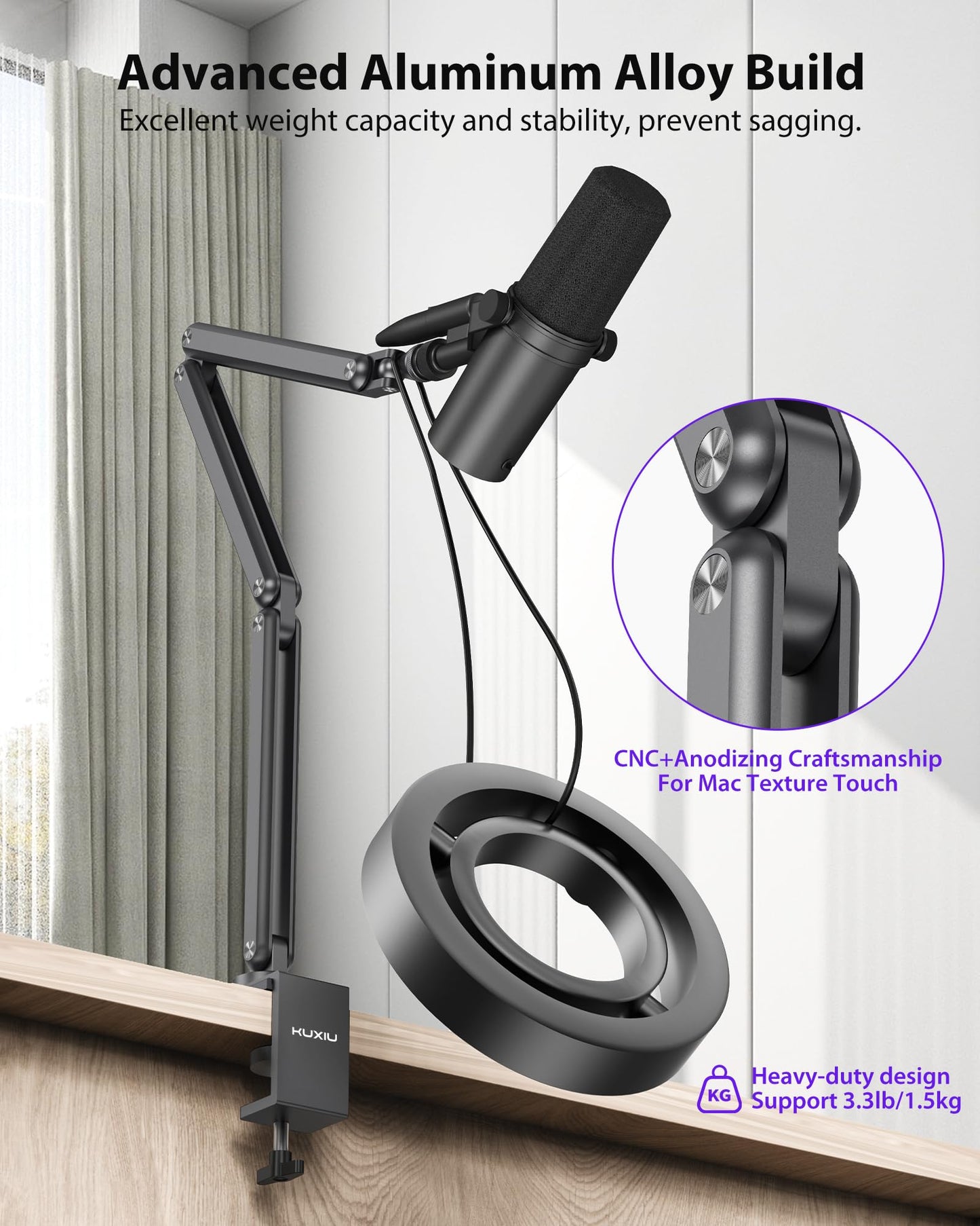 KU XIU Aluminum Alloy Boom Arm Microphone Stand for Desk, Three-Section Adjustable Mic Arm Mount with Cable Management Channels for Desktop
