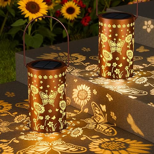 SIMLIX Solar Lanterns Outdoor Waterproof - Decorative Shadow Lantern with Sunflower Butterfly Pattern Design for Garden Patio Yard, Womens Gifts