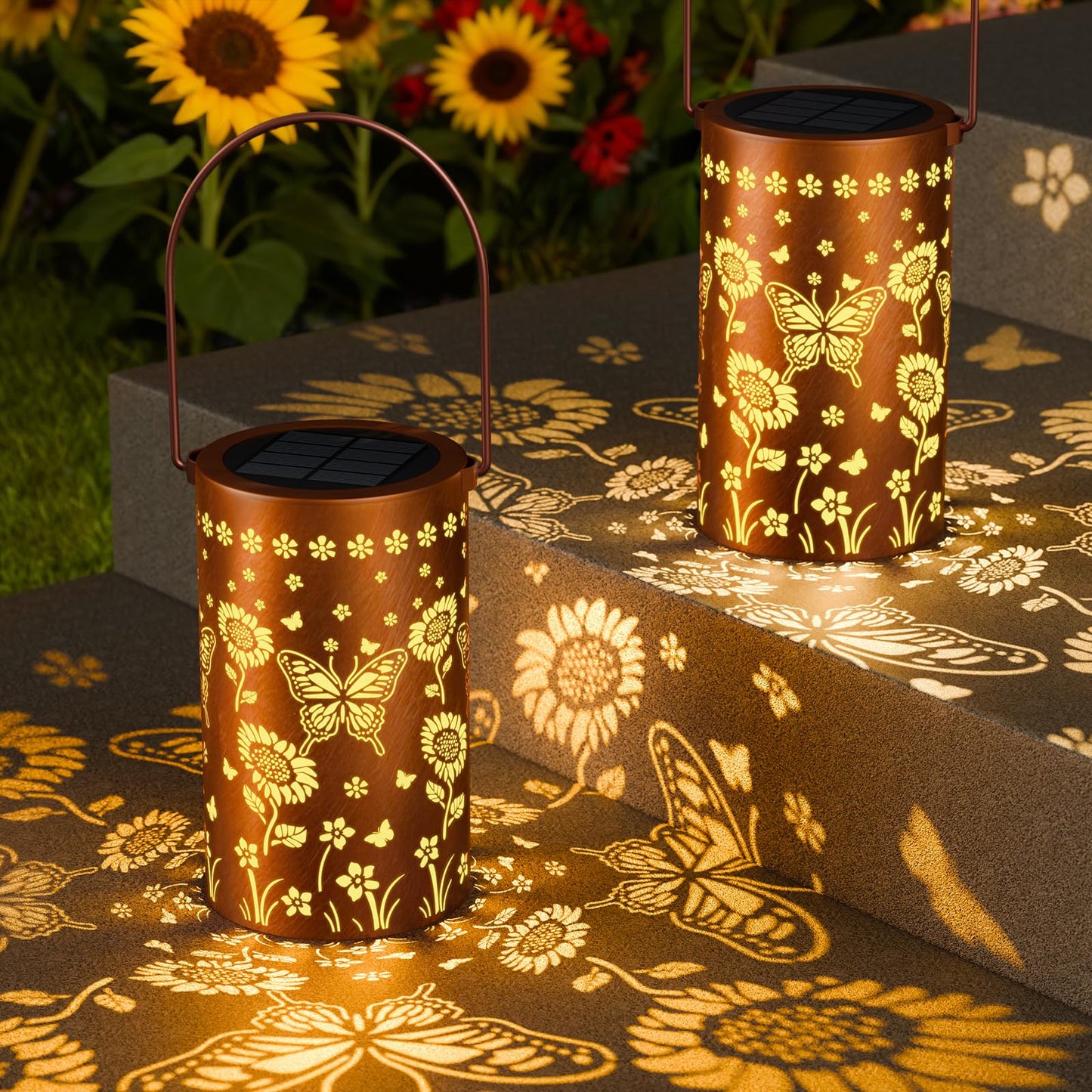 SIMLIX Solar Lanterns Outdoor Waterproof - Decorative Shadow Lantern with Sunflower Butterfly Pattern Design for Garden Patio Yard, Womens Gifts