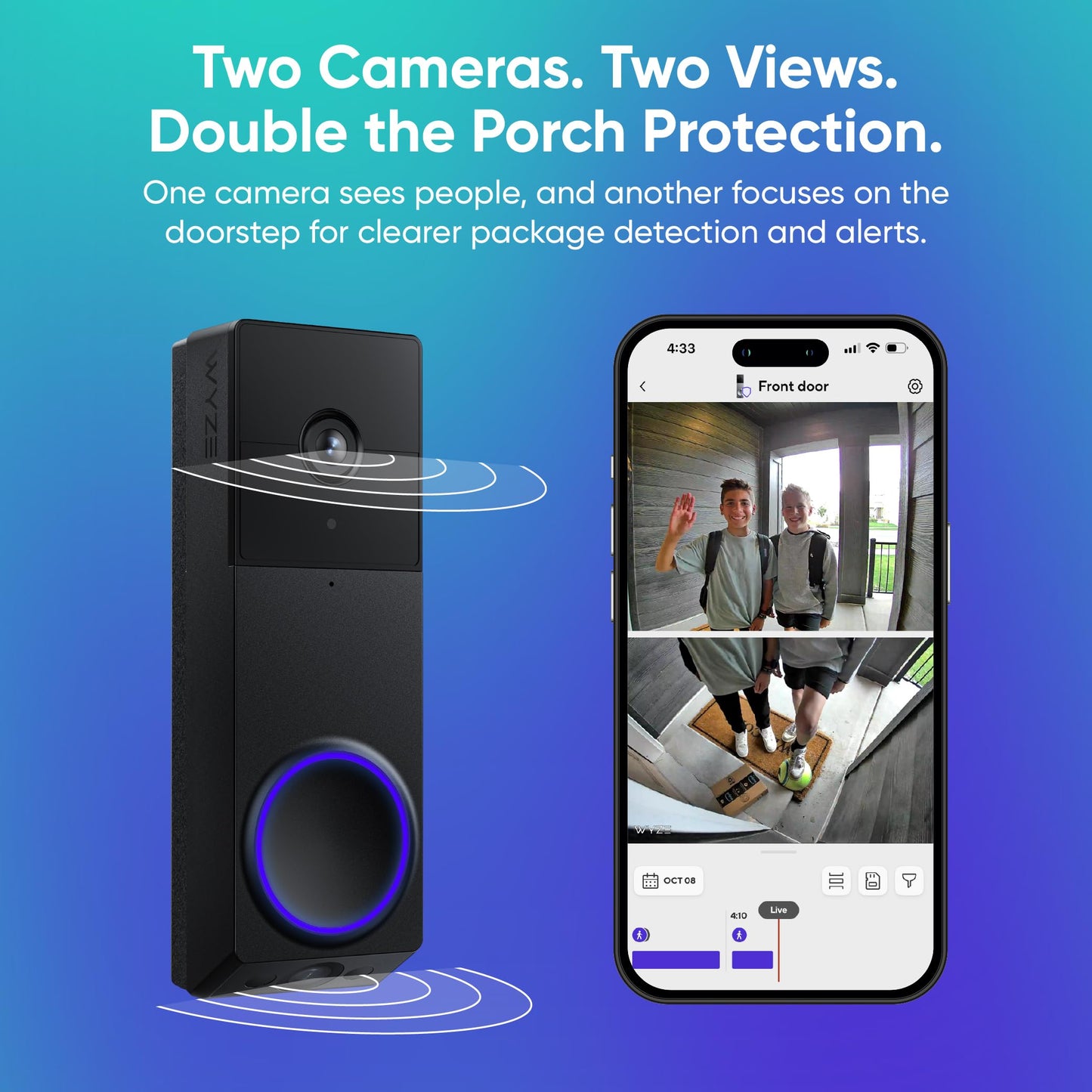 WYZE Wireless Duo Cam Video Doorbell (Chime Included), Battery Powered, 2K Full HD Video, 2 Cameras (People and Package), 2-Way Audio, Color Night